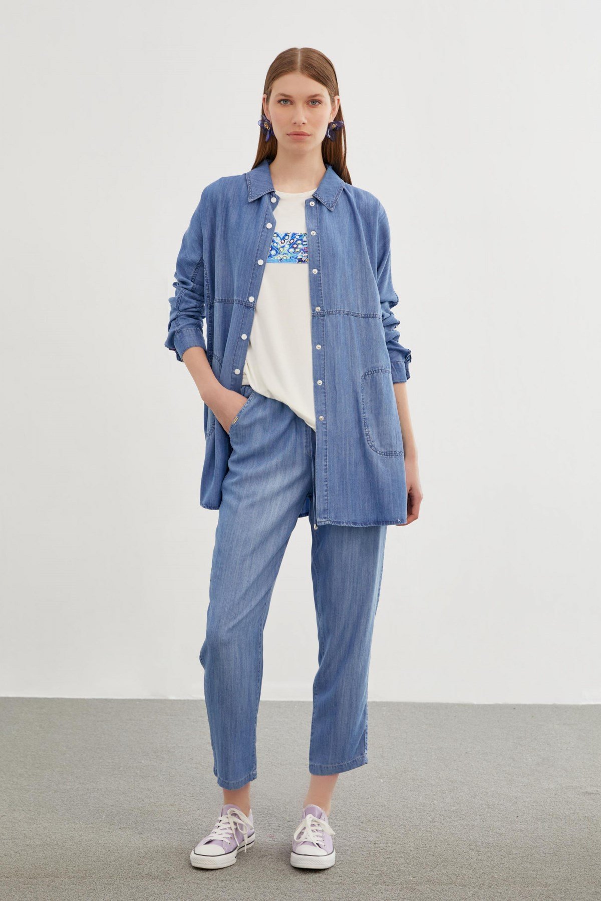 Denim Gömlek Bluz Ikili Mavi Takım 1254
