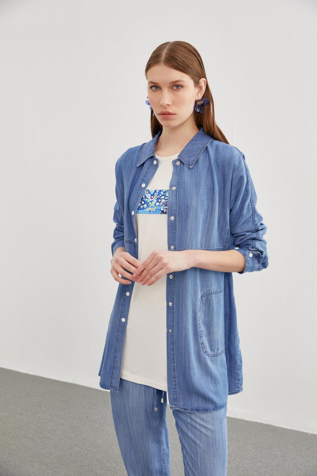 Denim Gömlek Bluz Ikili Mavi Takım 1254
