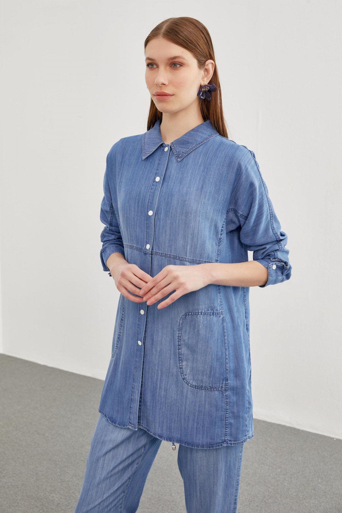 Denim Gömlek Bluz Ikili Mavi Takım 1254