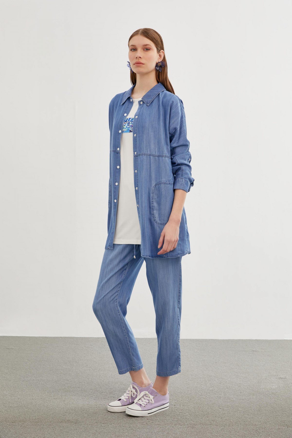 Denim Gömlek Bluz Ikili Mavi Takım 1254