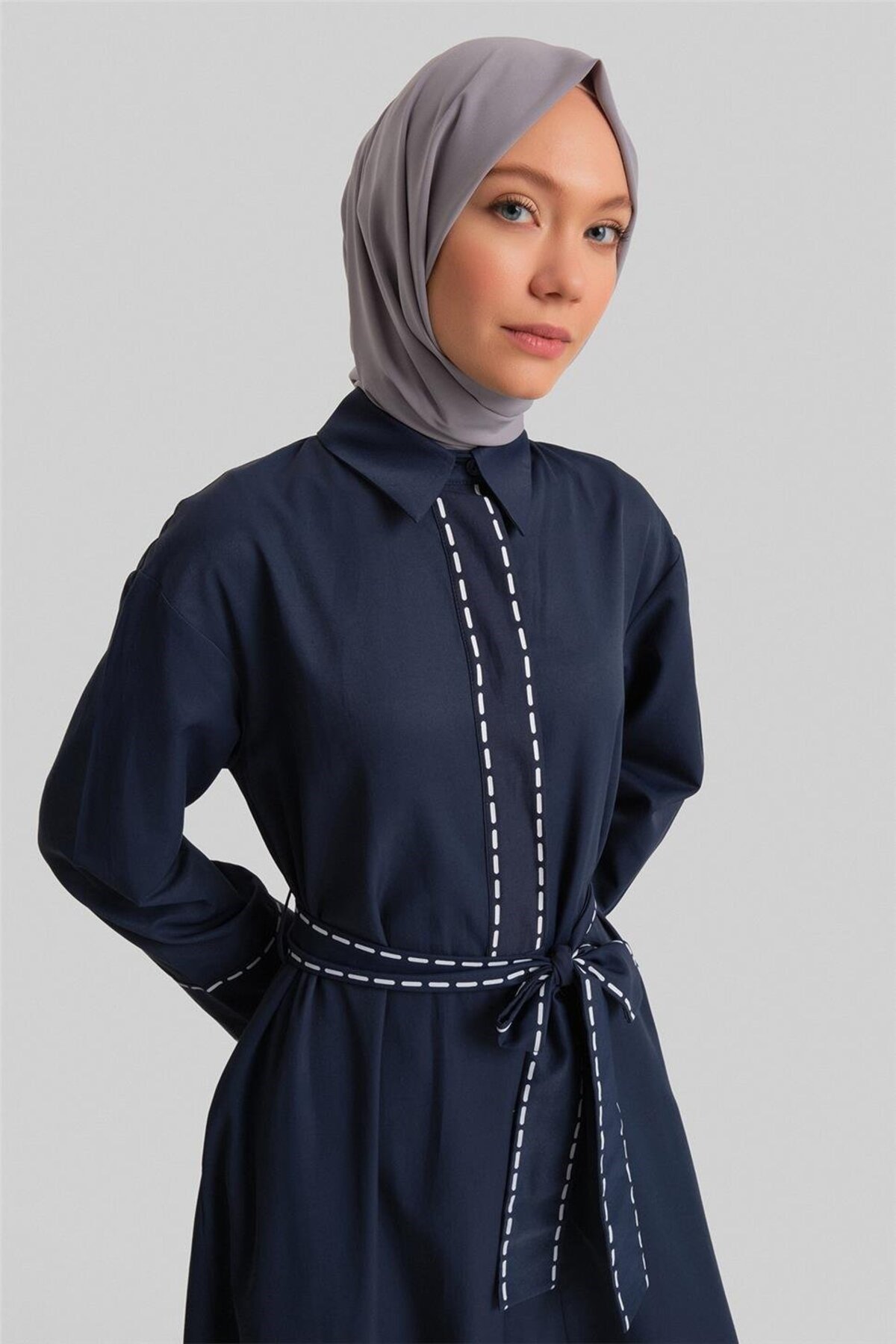 Dikiş Efektli Bağlamalı Elbise 24y9809 Lacivert