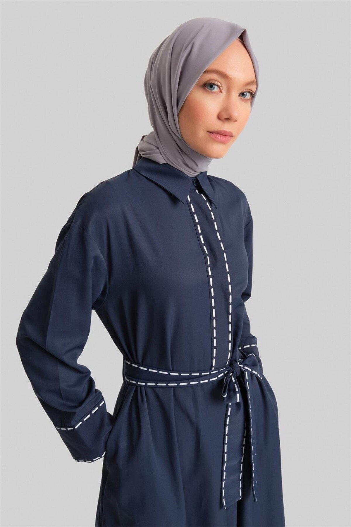 Dikiş Efektli Bağlamalı Elbise 24y9809 Lacivert