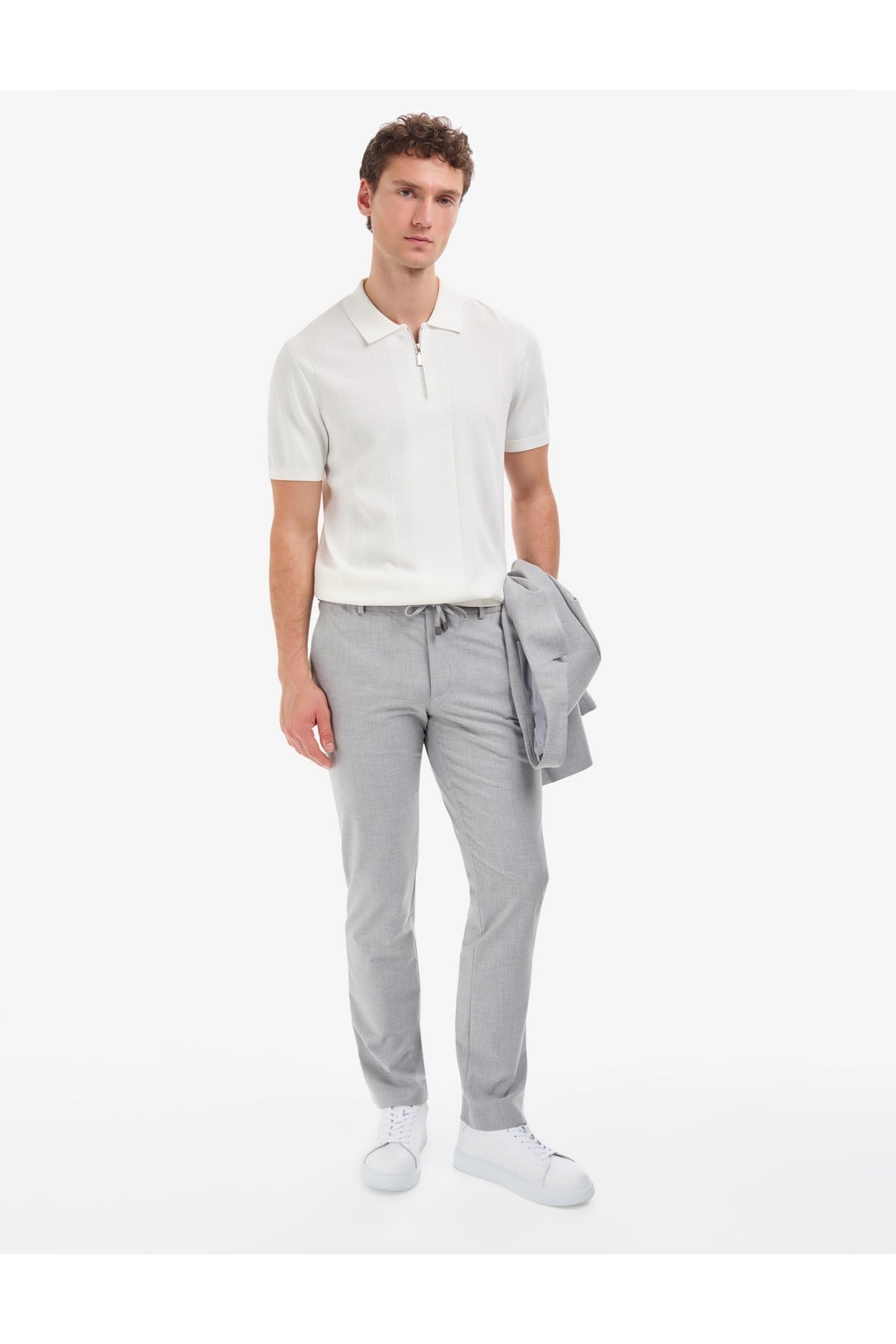 Ekru Slim Fit Polo Yaka Fermuarlı Triko Tişört 50320793-VR019