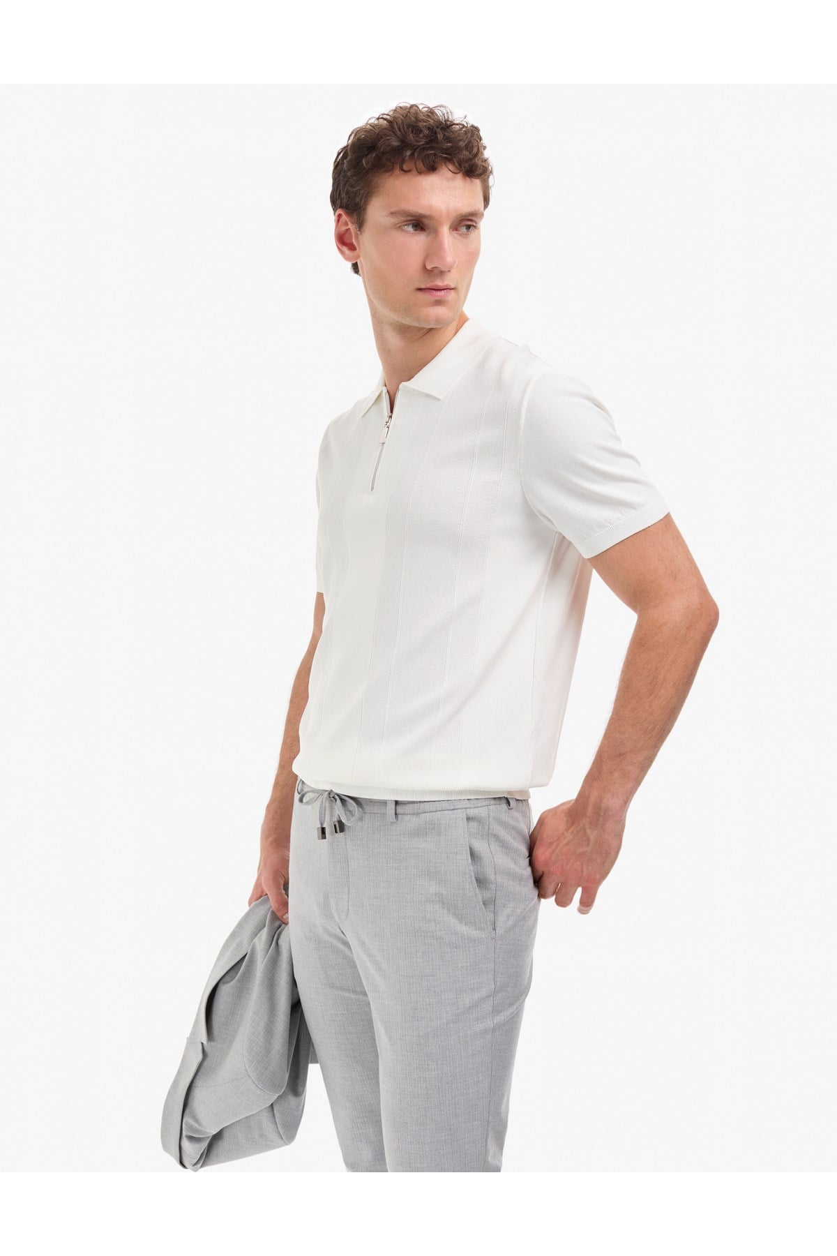 Ekru Slim Fit Polo Yaka Fermuarlı Triko Tişört 50320793-VR019
