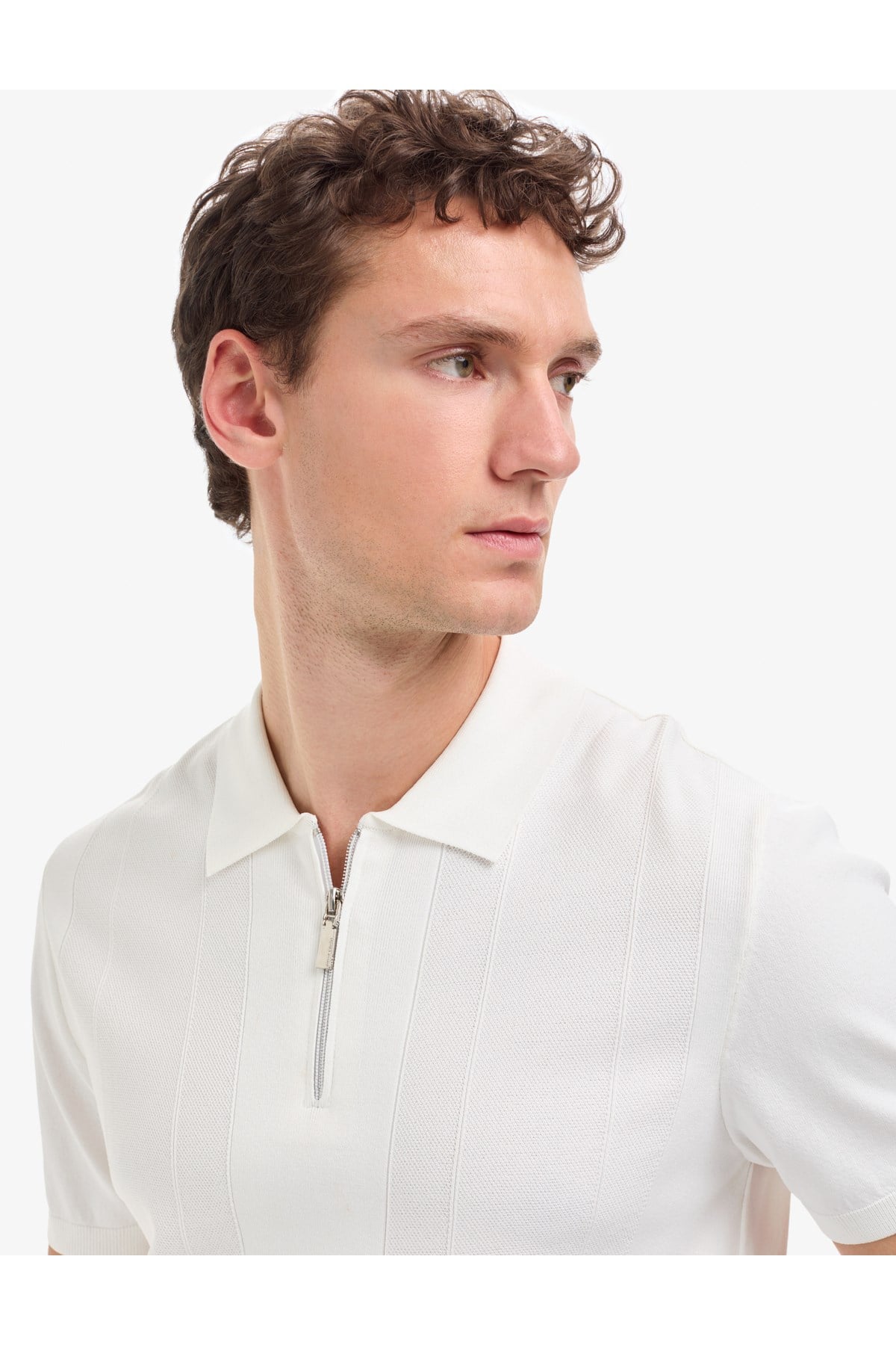 Ekru Slim Fit Polo Yaka Fermuarlı Triko Tişört 50320793-VR019