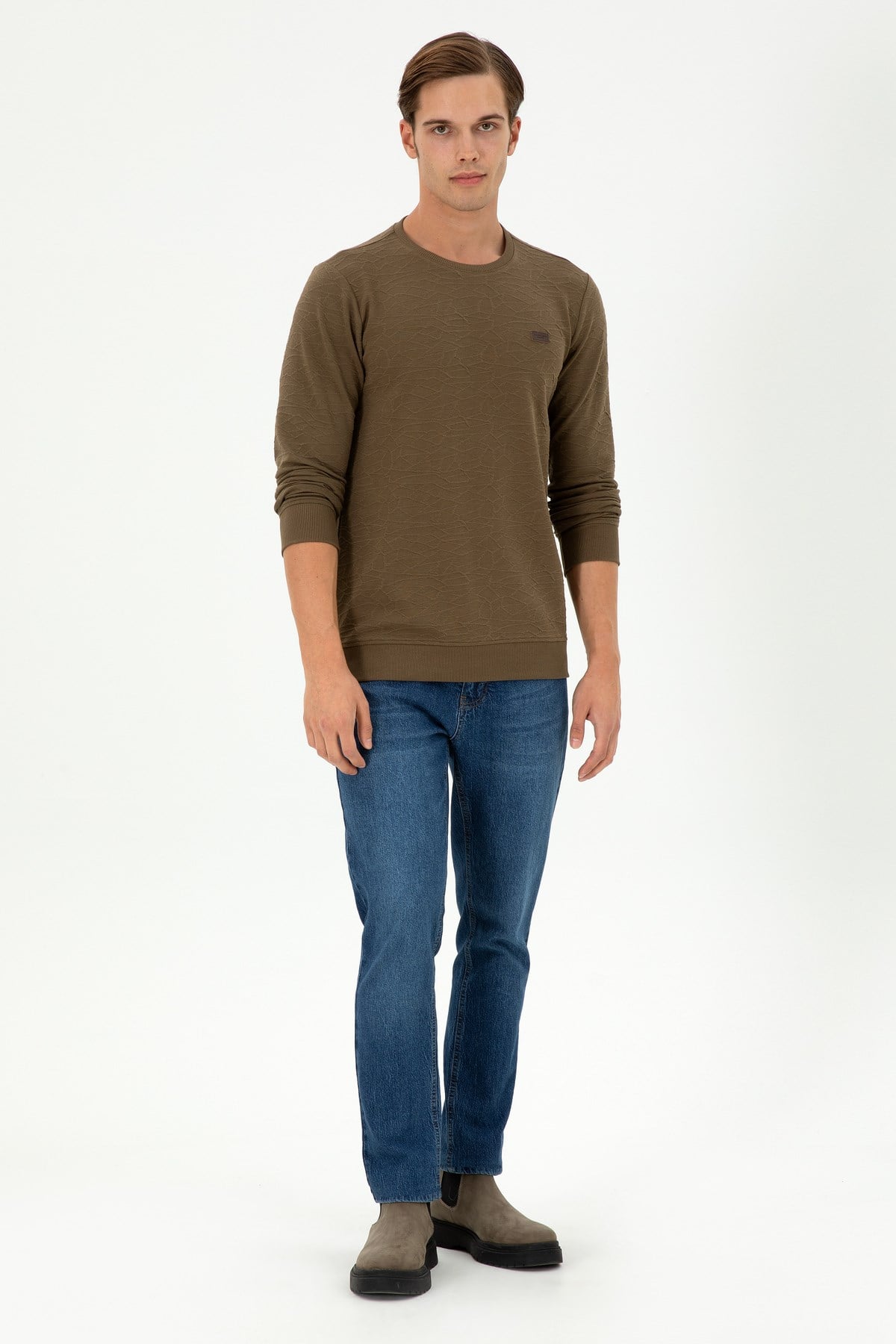 Erkek Regular Fit Bisiklet Yaka Haki Sweatshirt 1945735