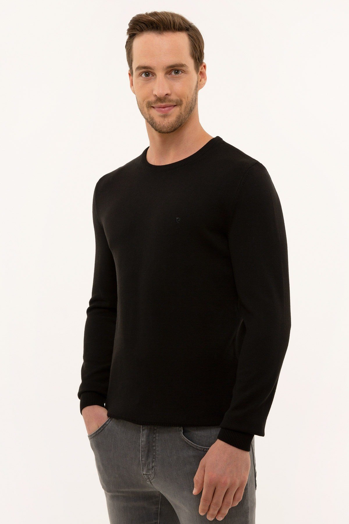 Erkek Siyah Slim Fit Bisiklet Yaka Basic Triko Kazak