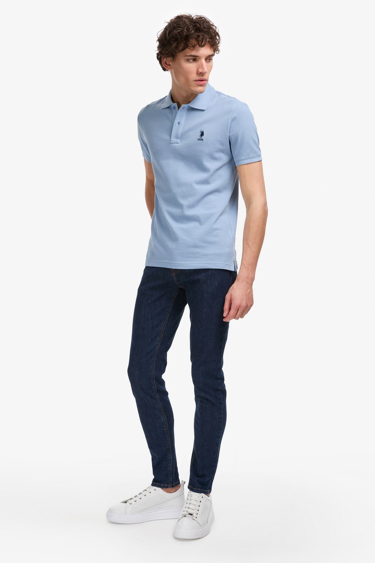 Erkek Slim Fit Polo Yaka Mavi Basic Tişört 50322304-VR036