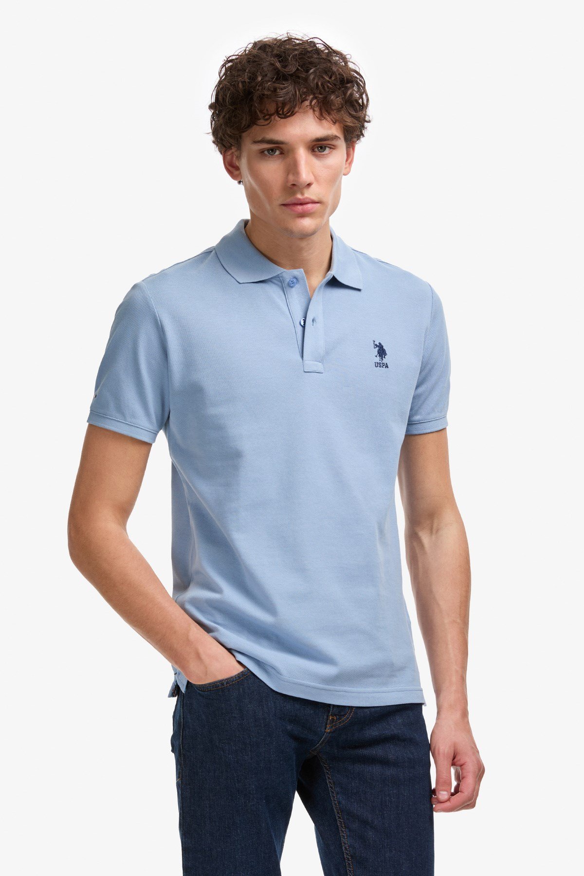 Erkek Slim Fit Polo Yaka Mavi Basic Tişört 50322304-VR036