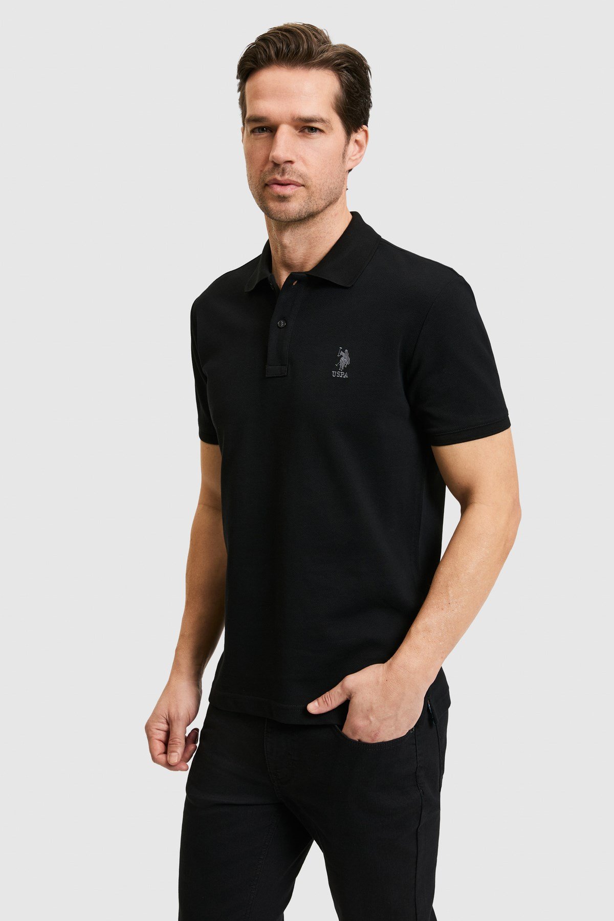 Erkek Slim Fit Polo Yaka Siyah Basic Tişört 50322304-VR046