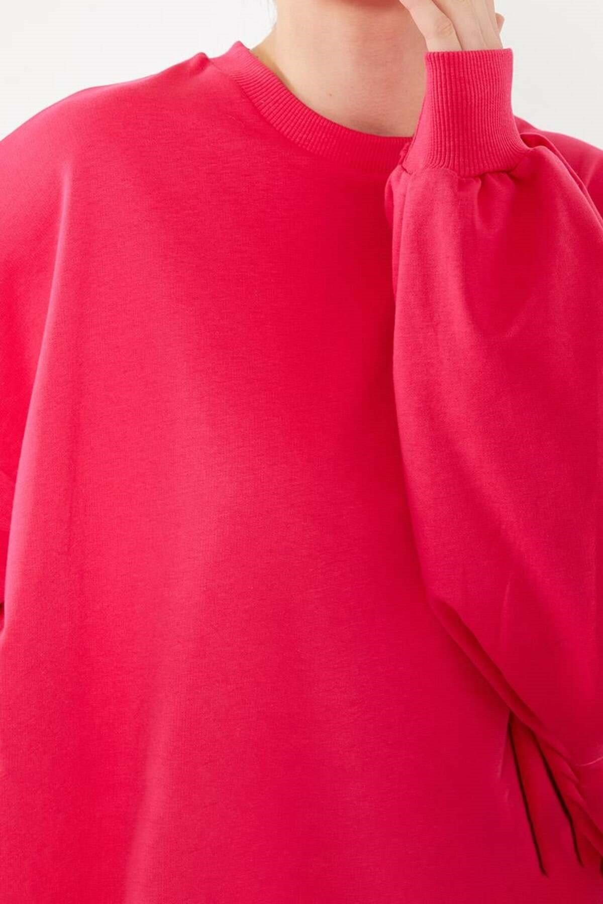 Fuşya Bisiklet Yaka Tesettür Sweatshirt Tunik