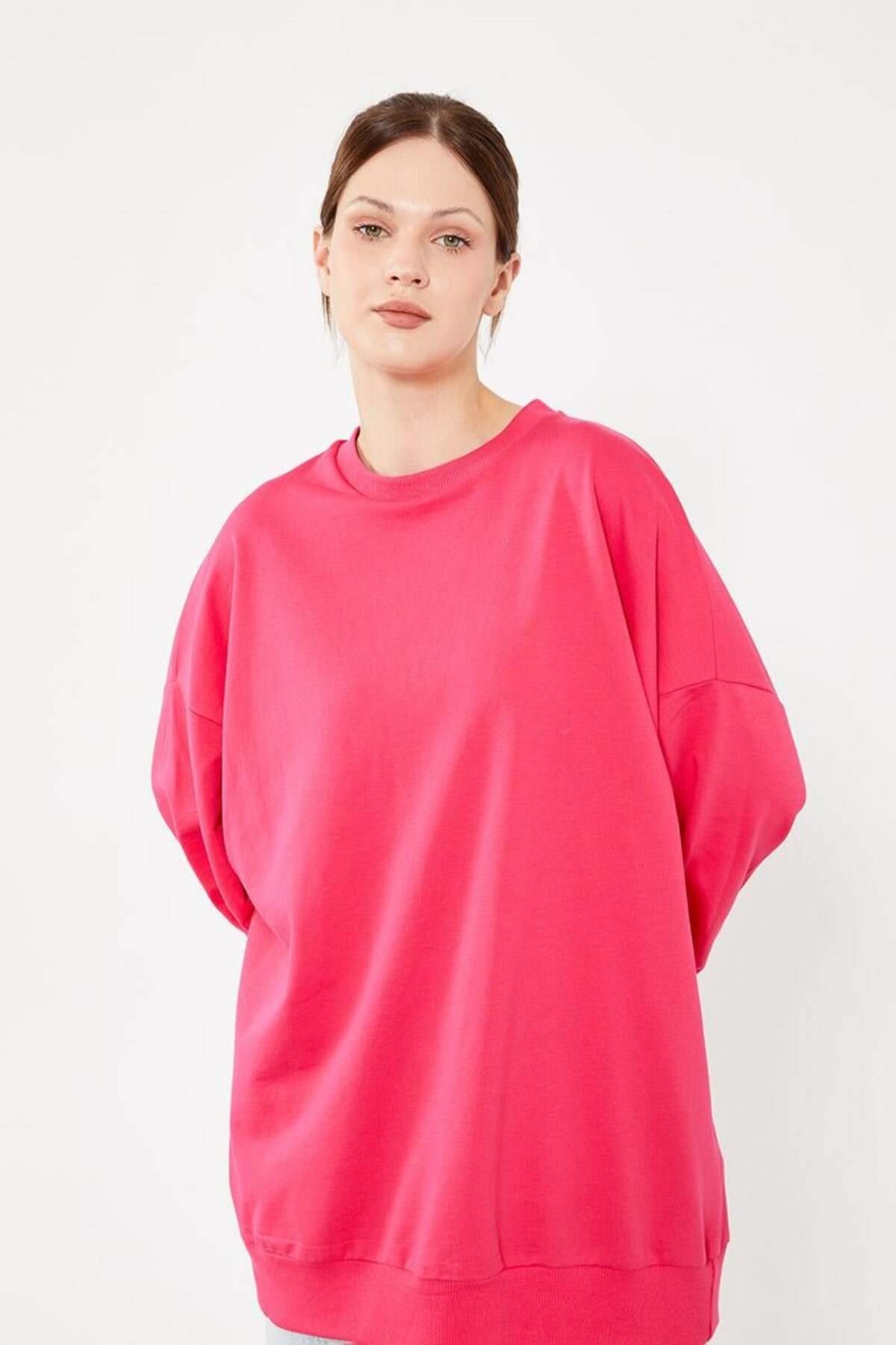 Fuşya Bisiklet Yaka Tesettür Sweatshirt Tunik