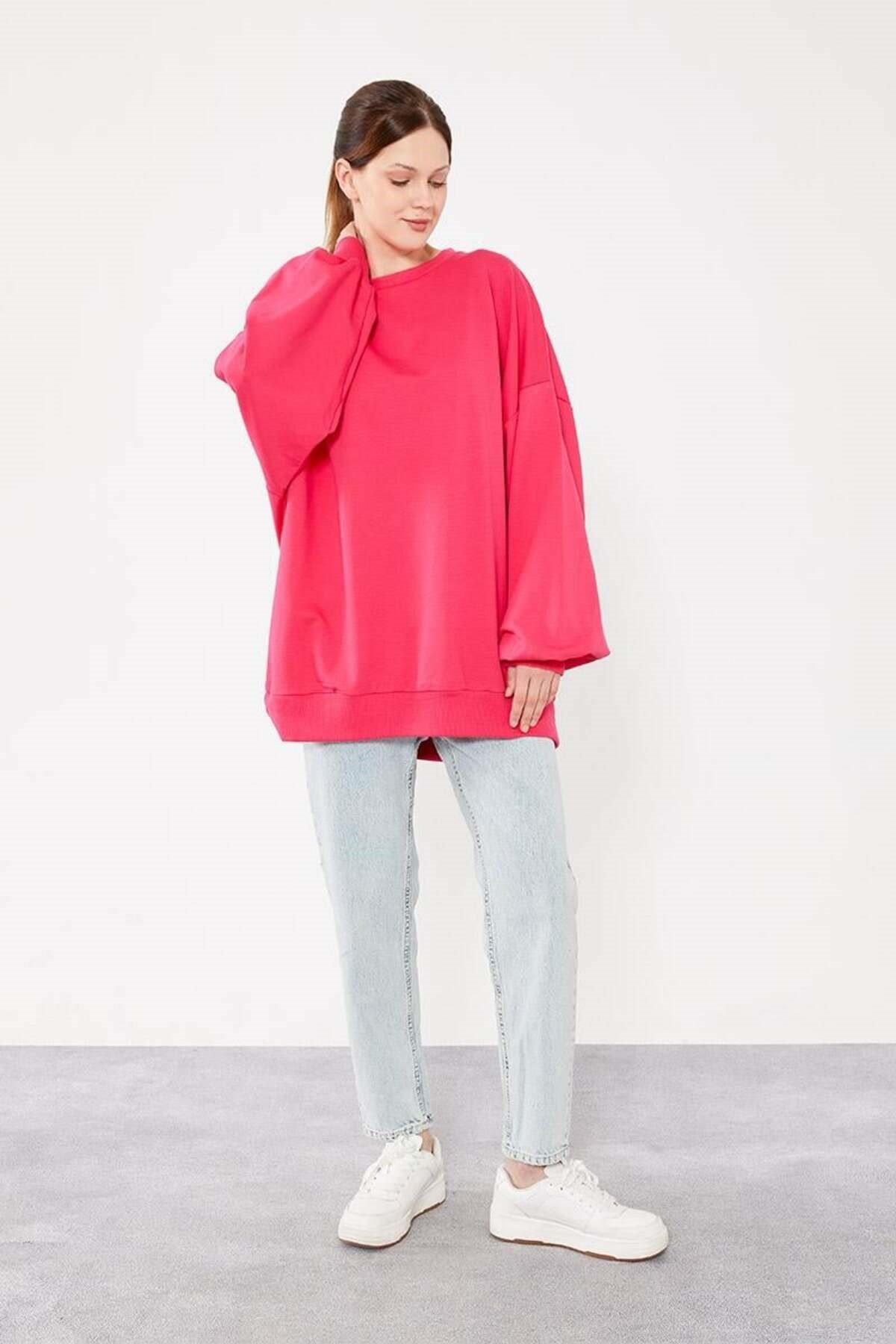 Fuşya Bisiklet Yaka Tesettür Sweatshirt Tunik