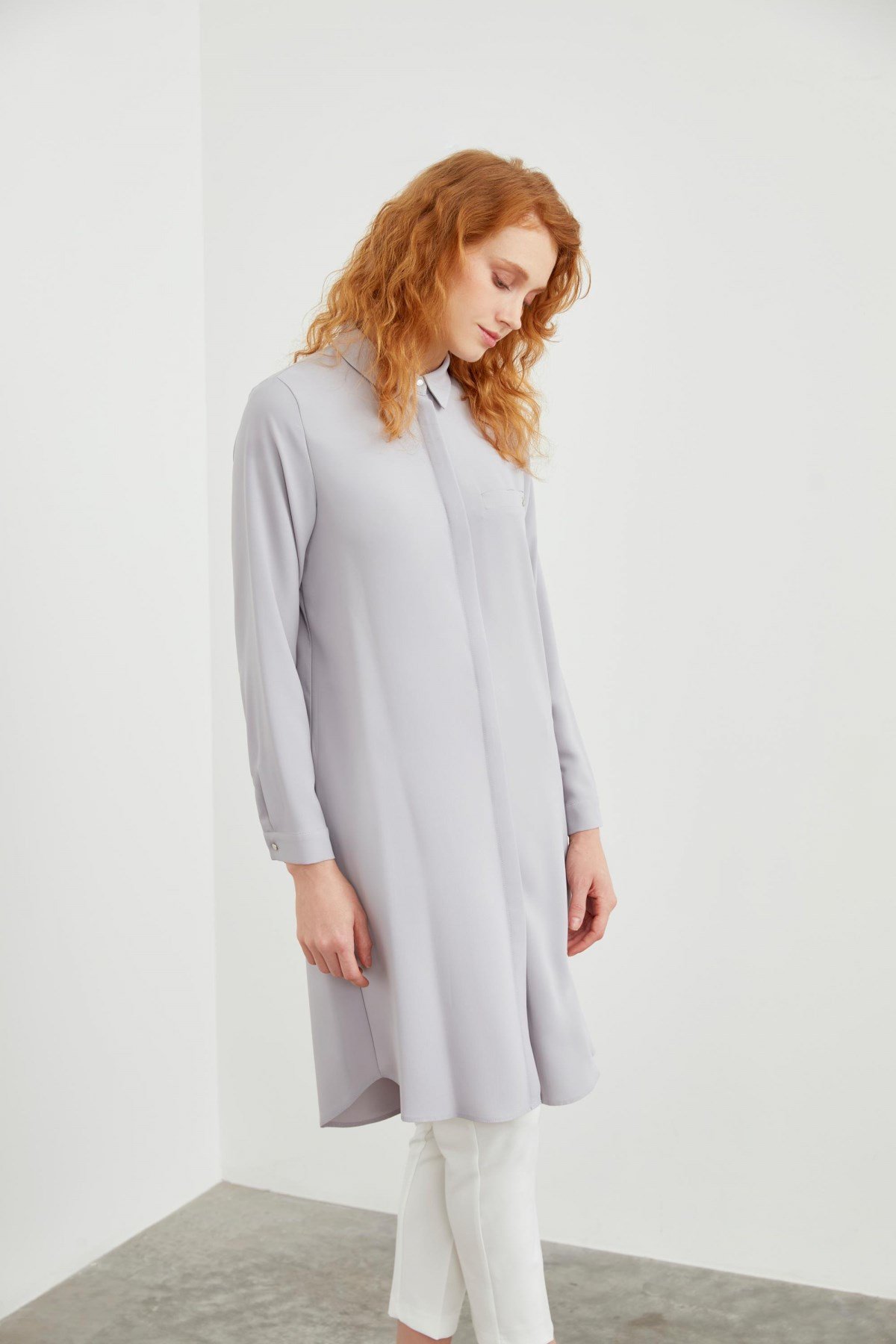 Gizli Düğme Detaylı Gri Tunik T-0767