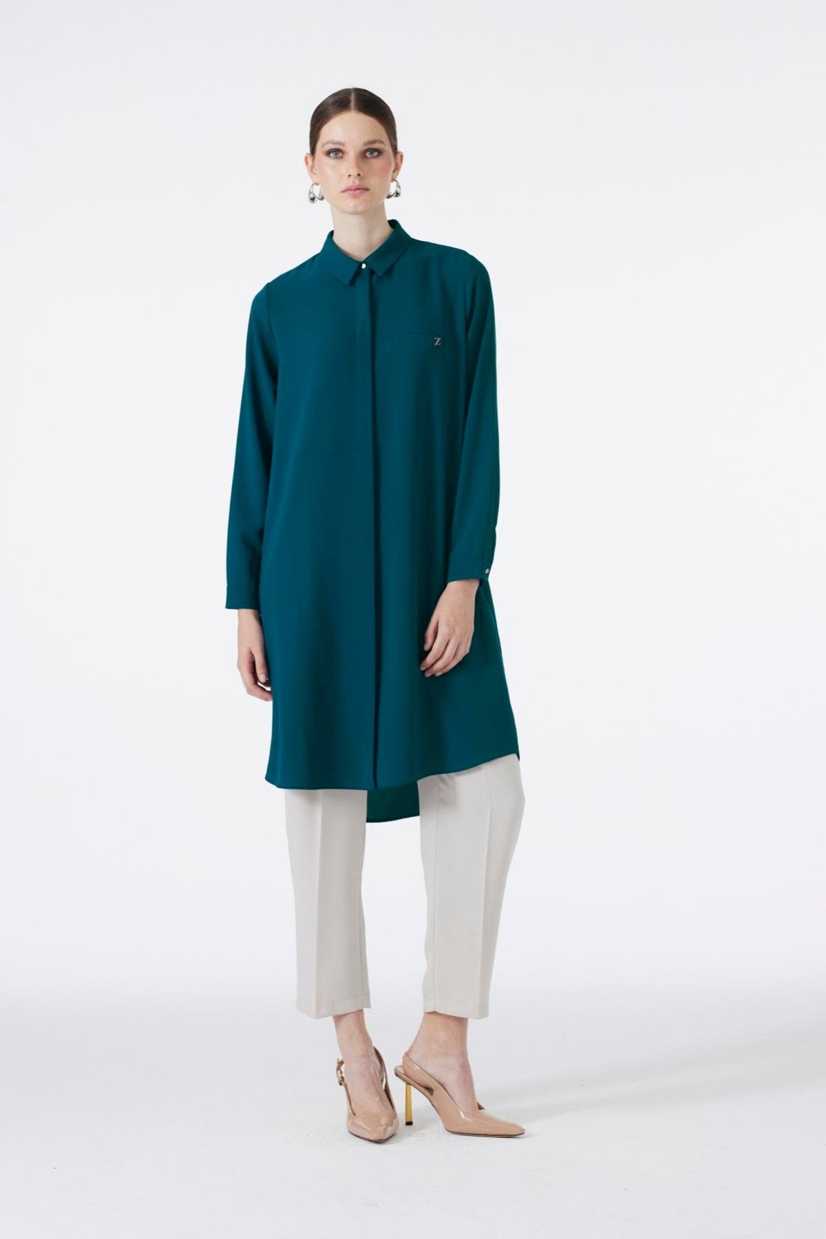 Gizli Düğme Detaylı Indigo Tunik T-0767
