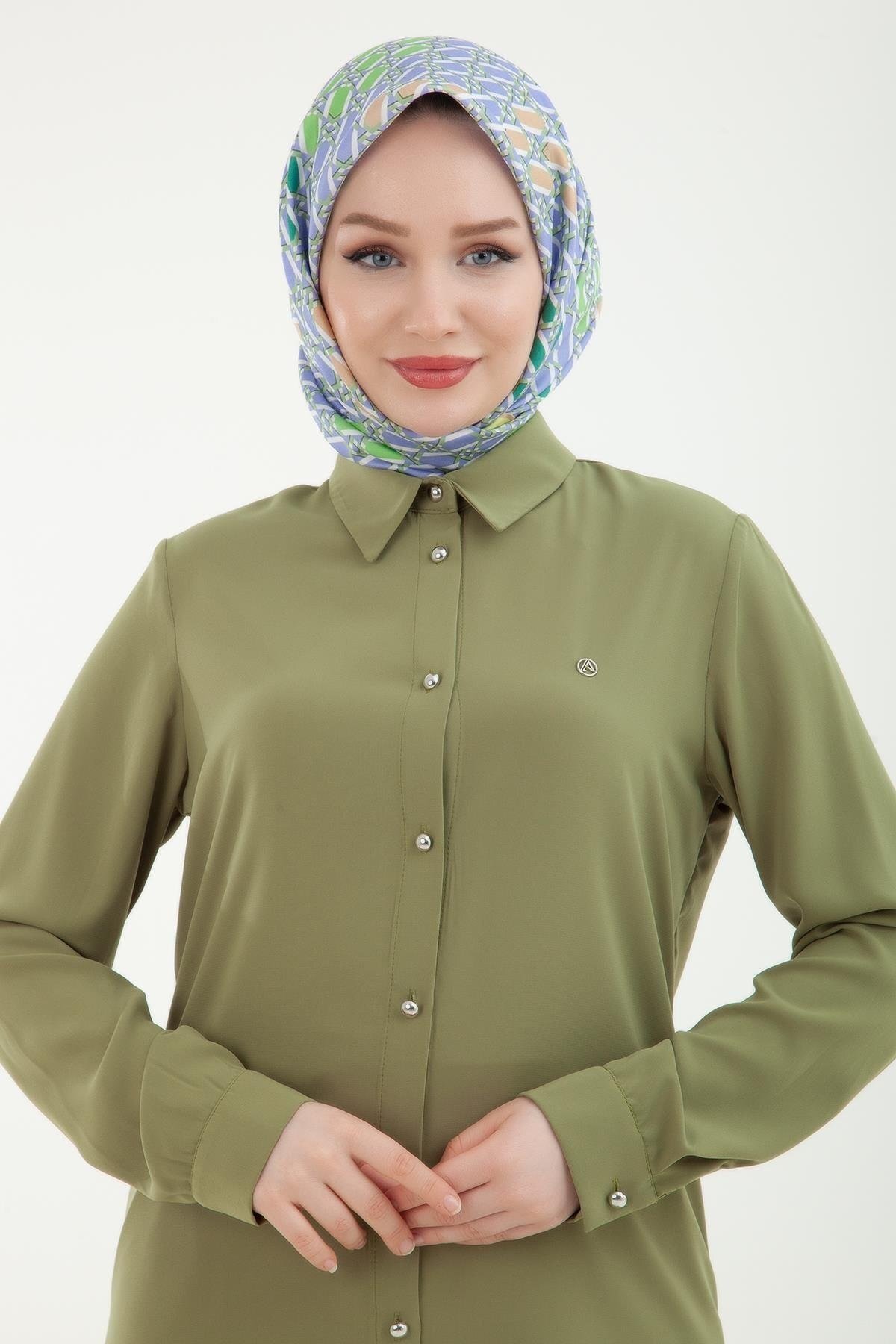 Gömlek Yakalı Kolu Manşetli Düğmeli Tunik Yağ Yeşili 24YT430