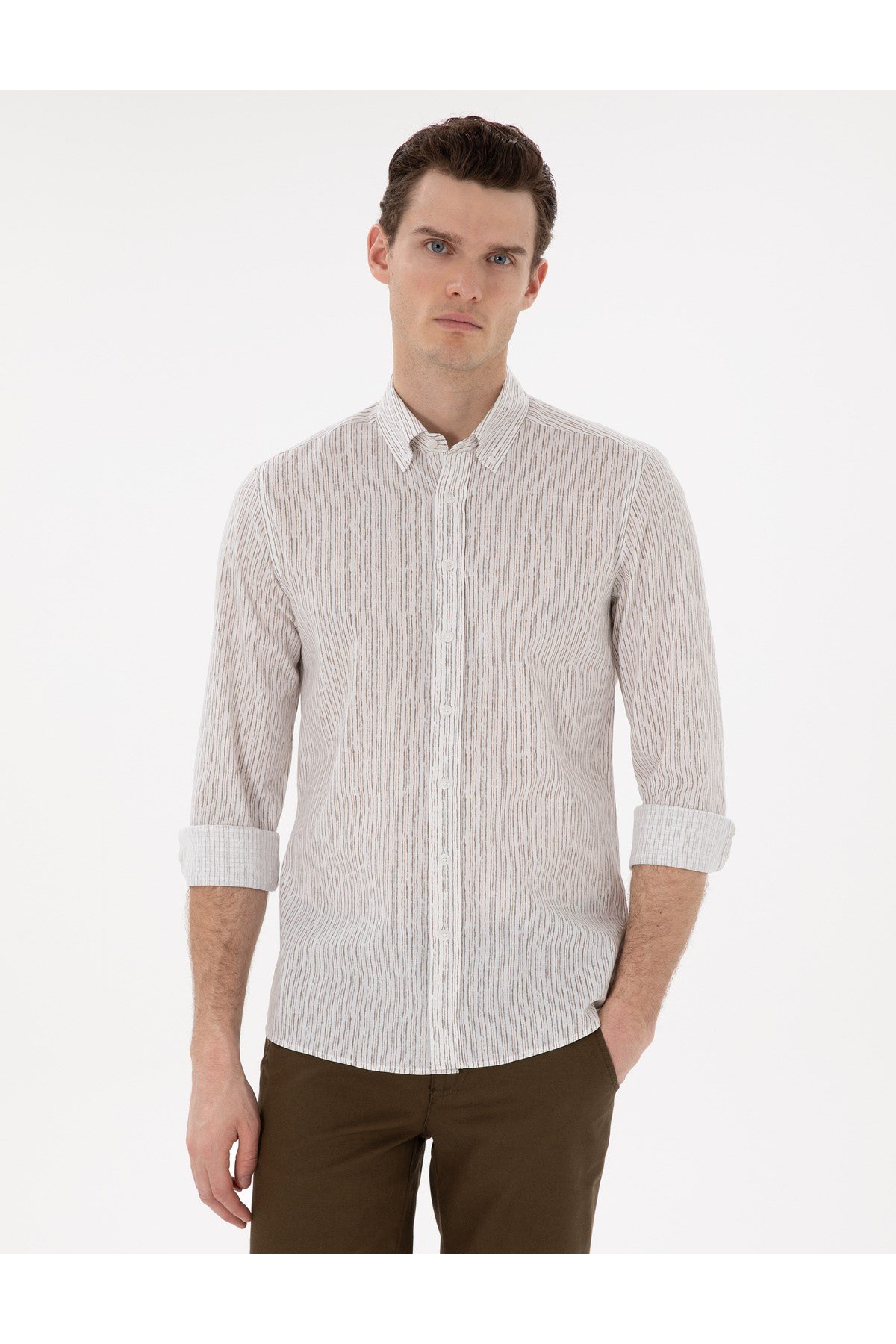 Haki Çizgili Slim Fit Uzun Kollu Gömlek 50304595-VR027