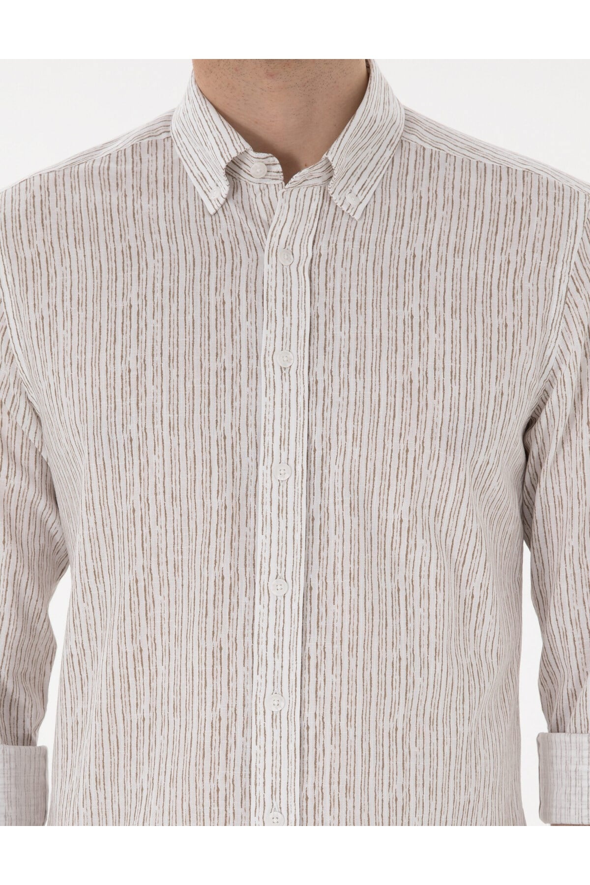 Haki Çizgili Slim Fit Uzun Kollu Gömlek 50304595-VR027