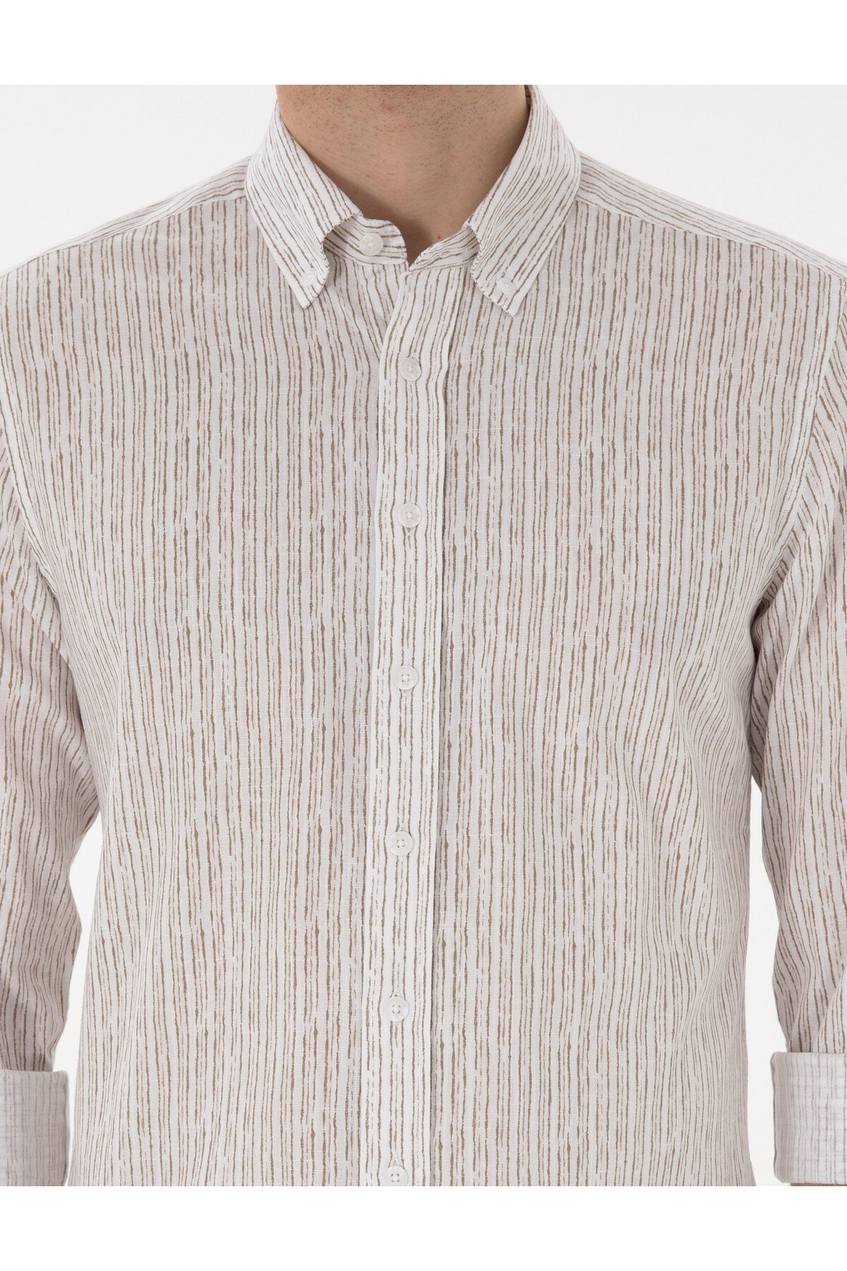 Haki Çizgili Slim Fit Uzun Kollu Gömlek 50304595-VR027