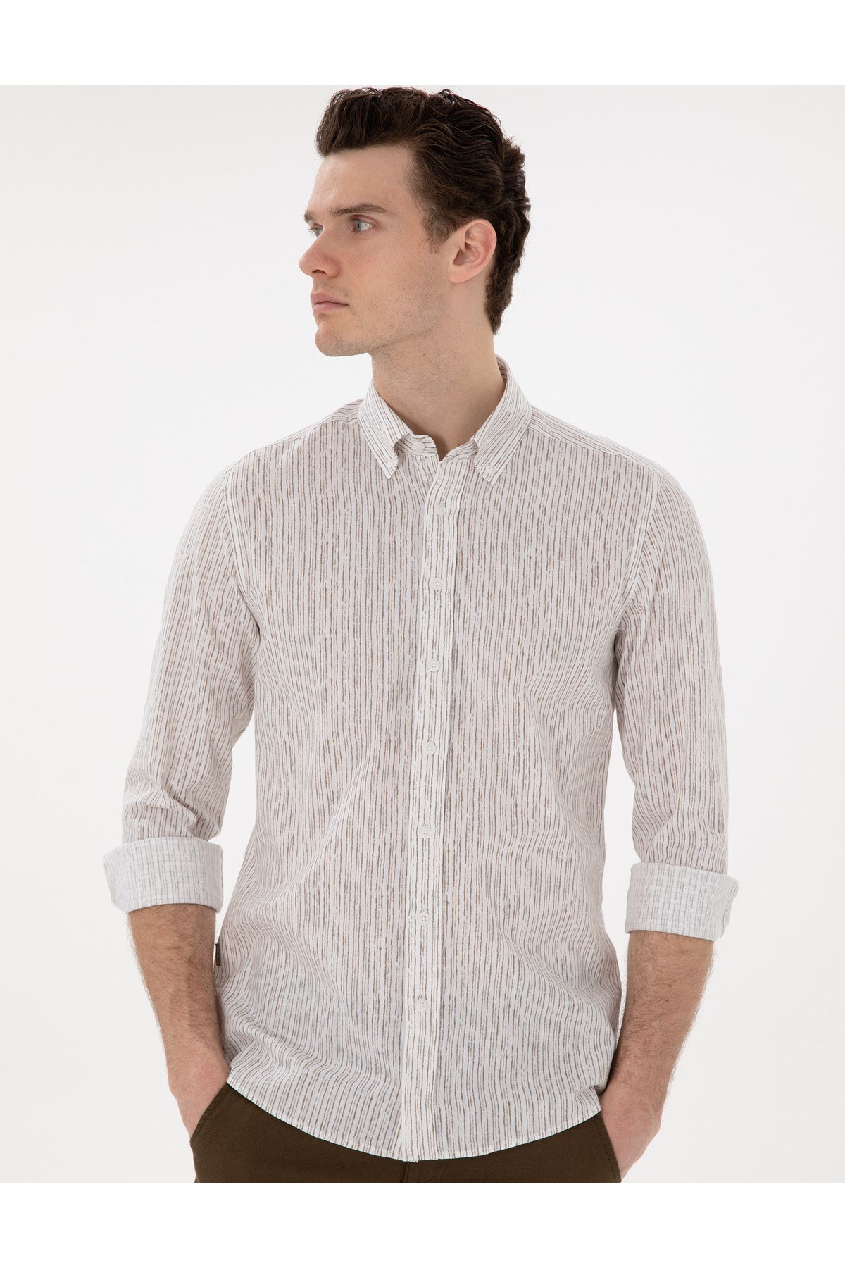 Haki Çizgili Slim Fit Uzun Kollu Gömlek 50304595-VR027
