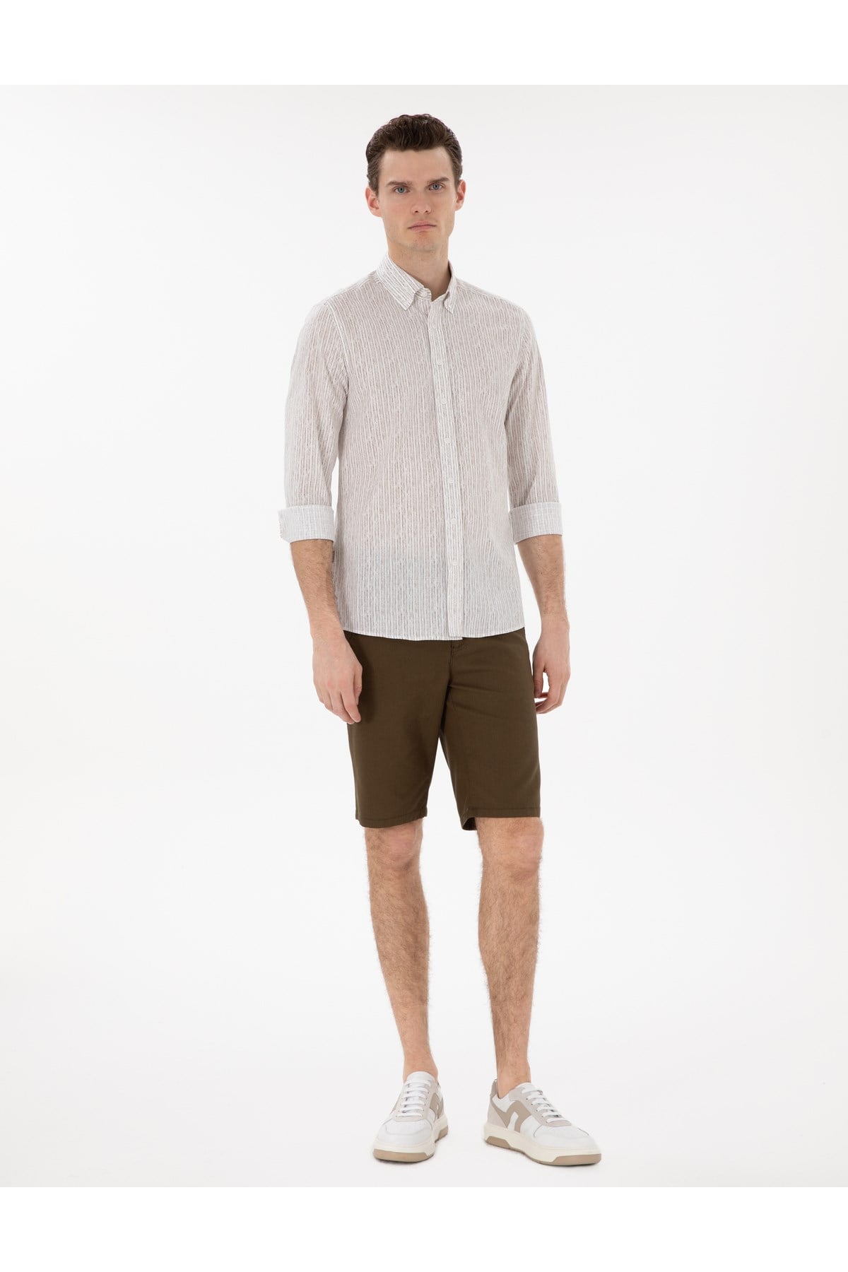 Haki Çizgili Slim Fit Uzun Kollu Gömlek 50304595-VR027