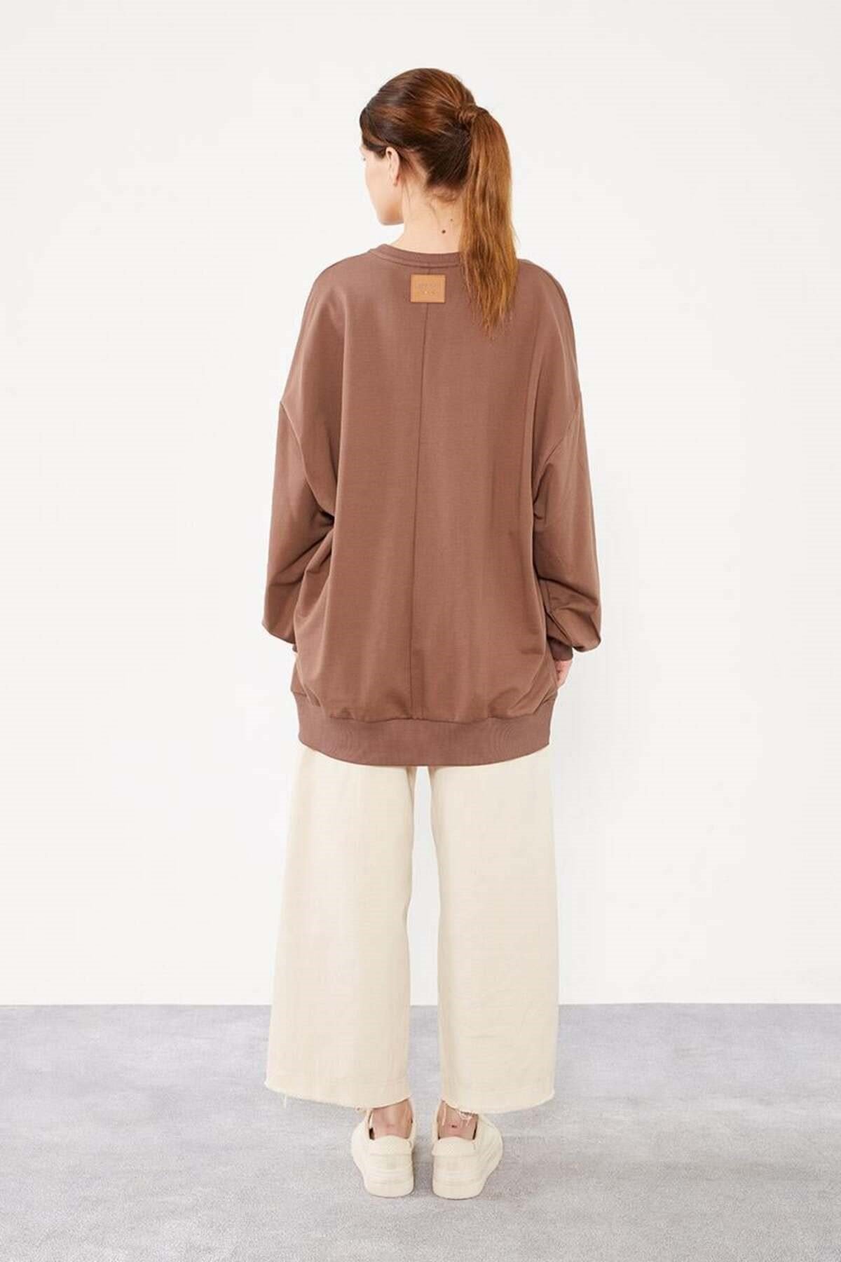 Kahve Bisiklet Yaka Tesettür Sweatshirt Tunik