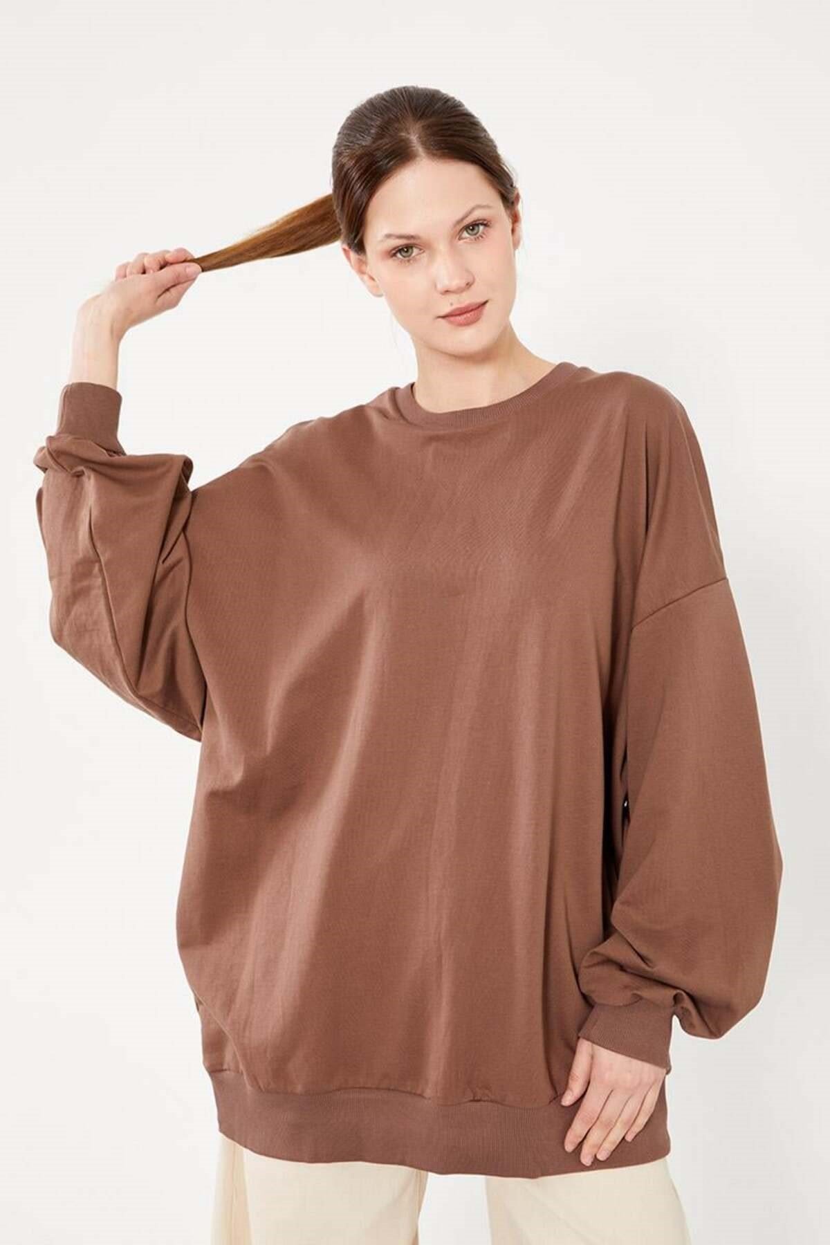 Kahve Bisiklet Yaka Tesettür Sweatshirt Tunik