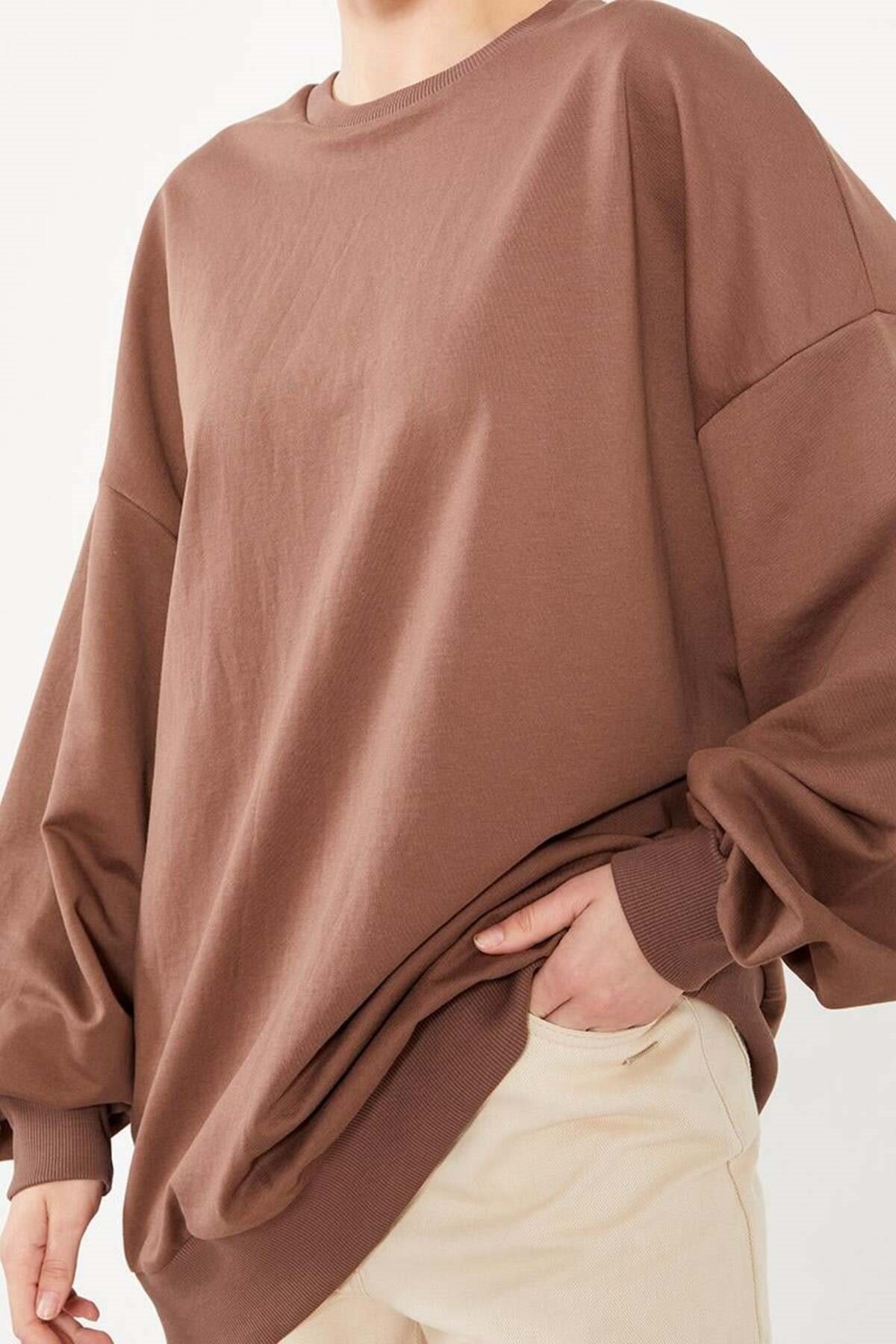 Kahve Bisiklet Yaka Tesettür Sweatshirt Tunik