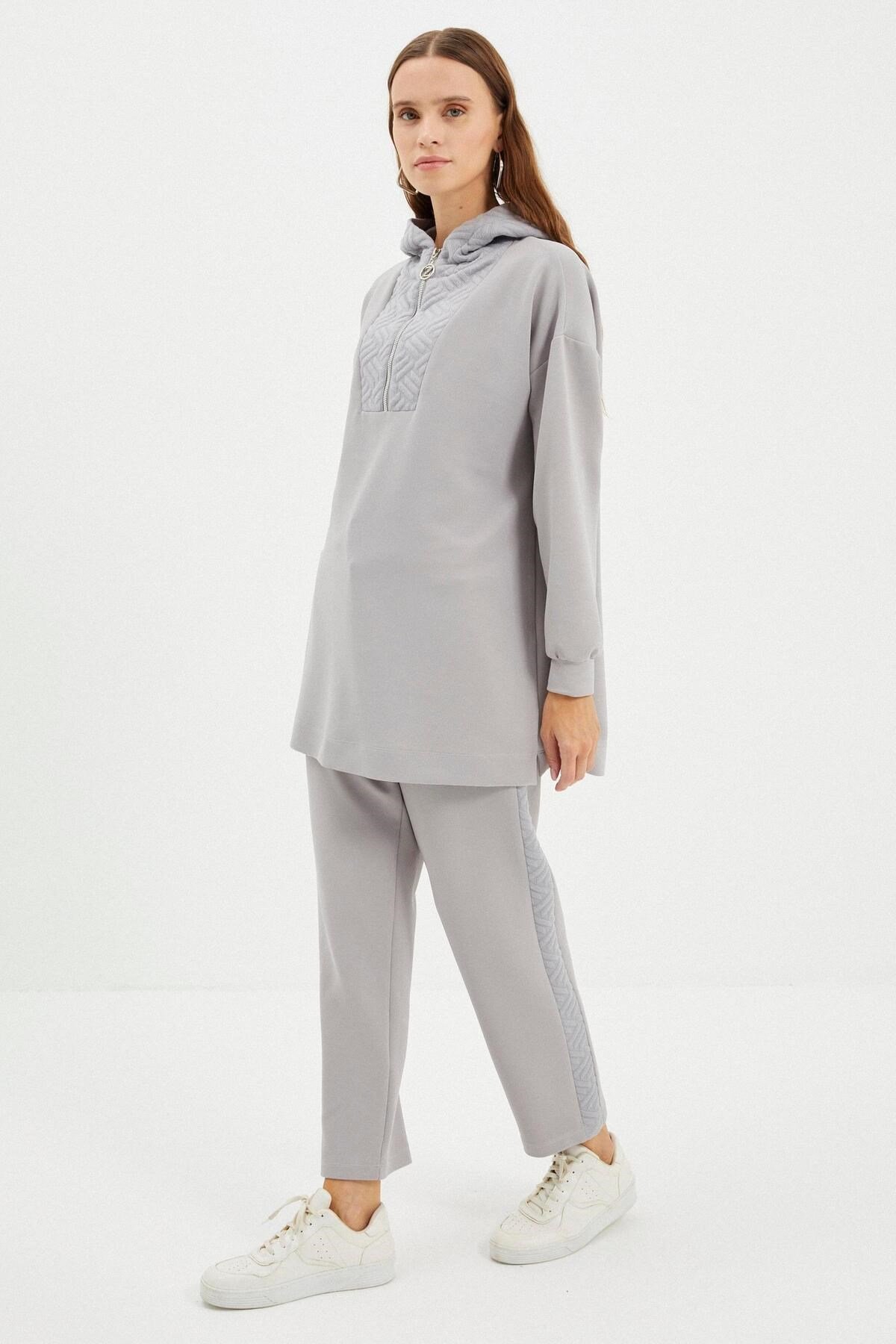 Kapüşonlu Desenli Spor Gri Takım TK-1193