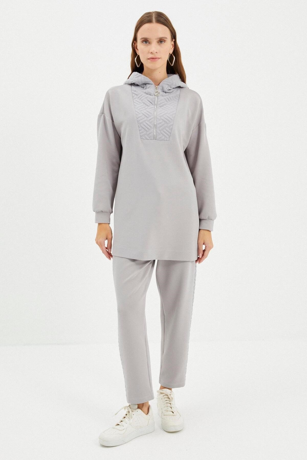 Kapüşonlu Desenli Spor Gri Takım TK-1193
