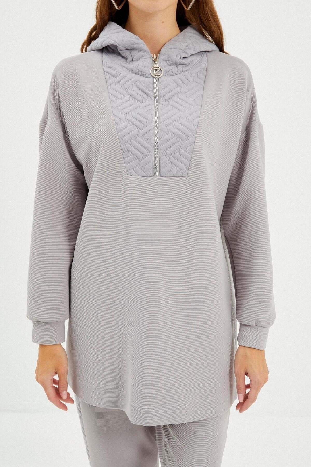 Kapüşonlu Desenli Spor Gri Takım TK-1193