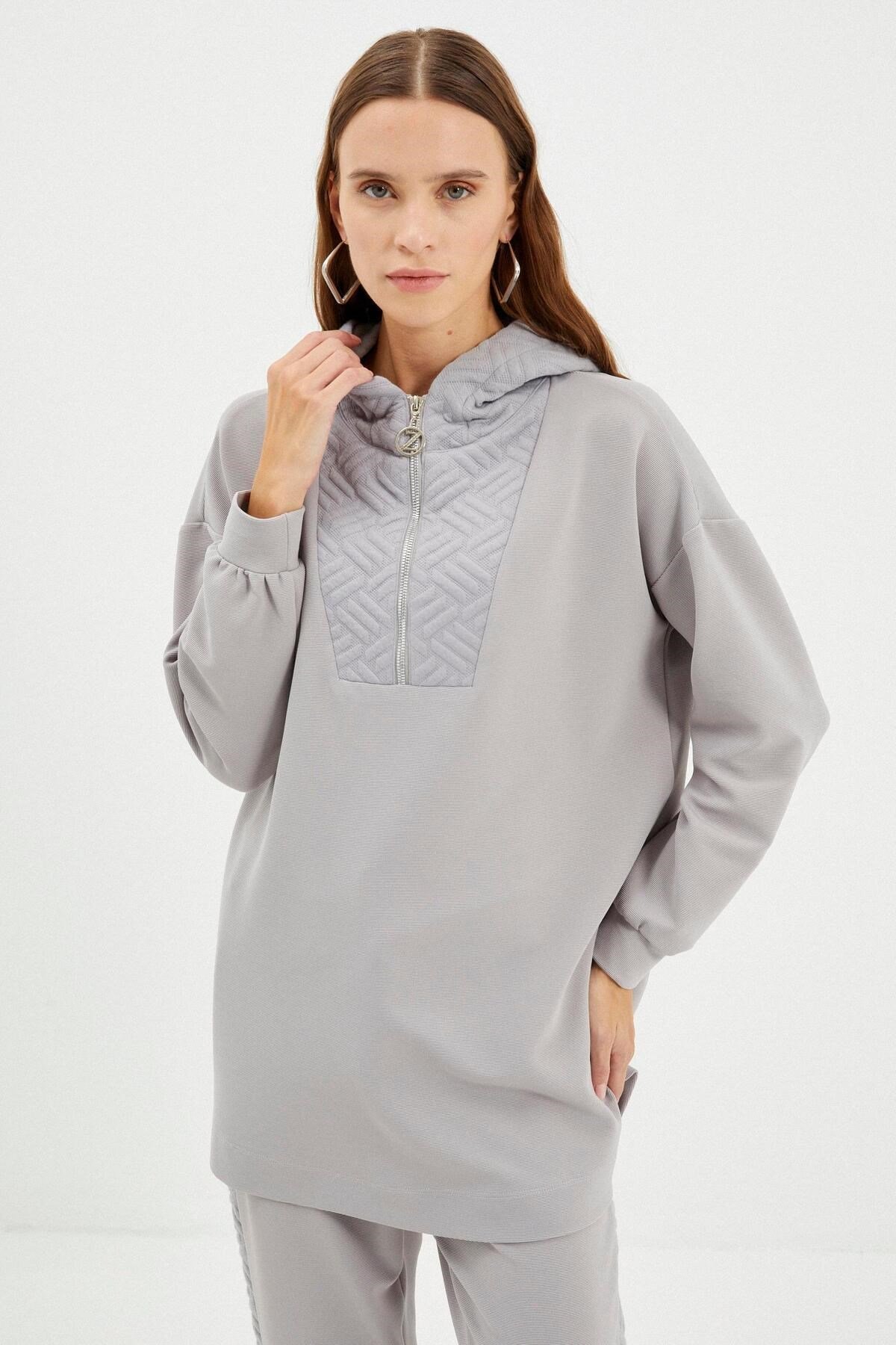 Kapüşonlu Desenli Spor Gri Takım TK-1193