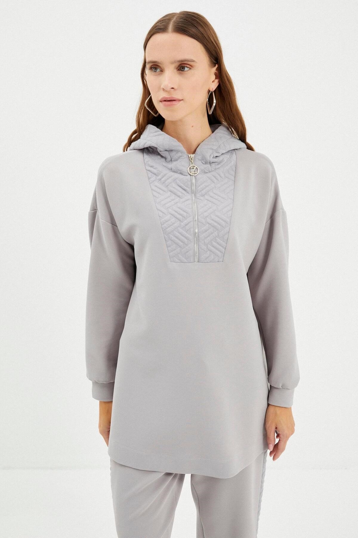 Kapüşonlu Desenli Spor Gri Takım TK-1193