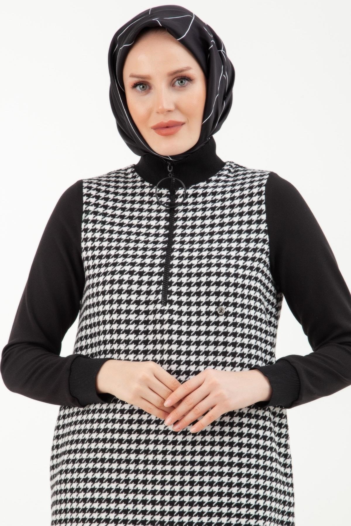 Kazayağı Desenli Fermuarlı Tunik - Siyah