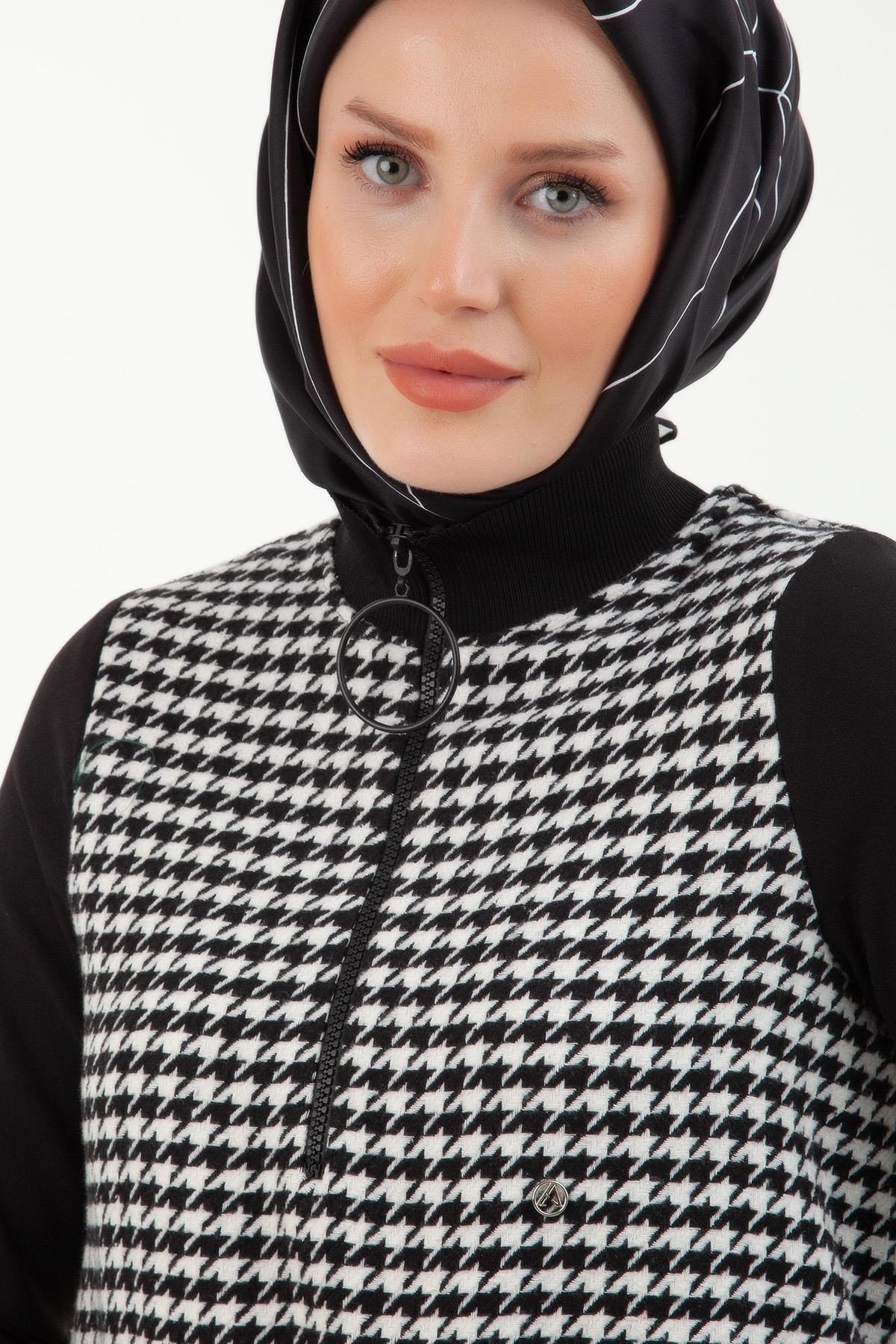 Kazayağı Desenli Fermuarlı Tunik - Siyah