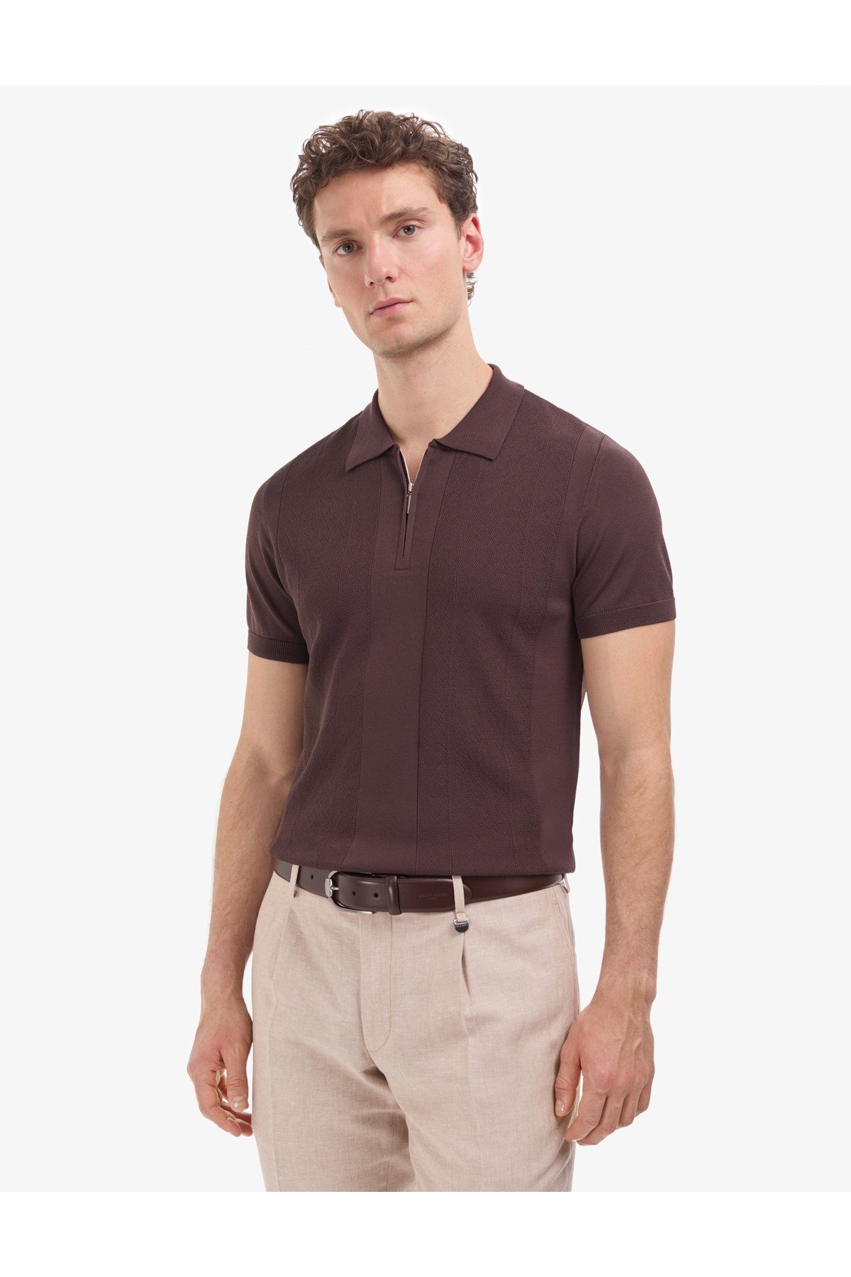Koyu Kahverengi Slim Fit Polo Yaka Fermuarlı Triko Tişört 50320793-VR084