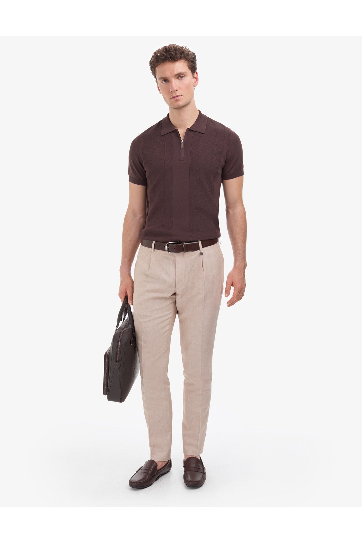 Koyu Kahverengi Slim Fit Polo Yaka Fermuarlı Triko Tişört 50320793-VR084