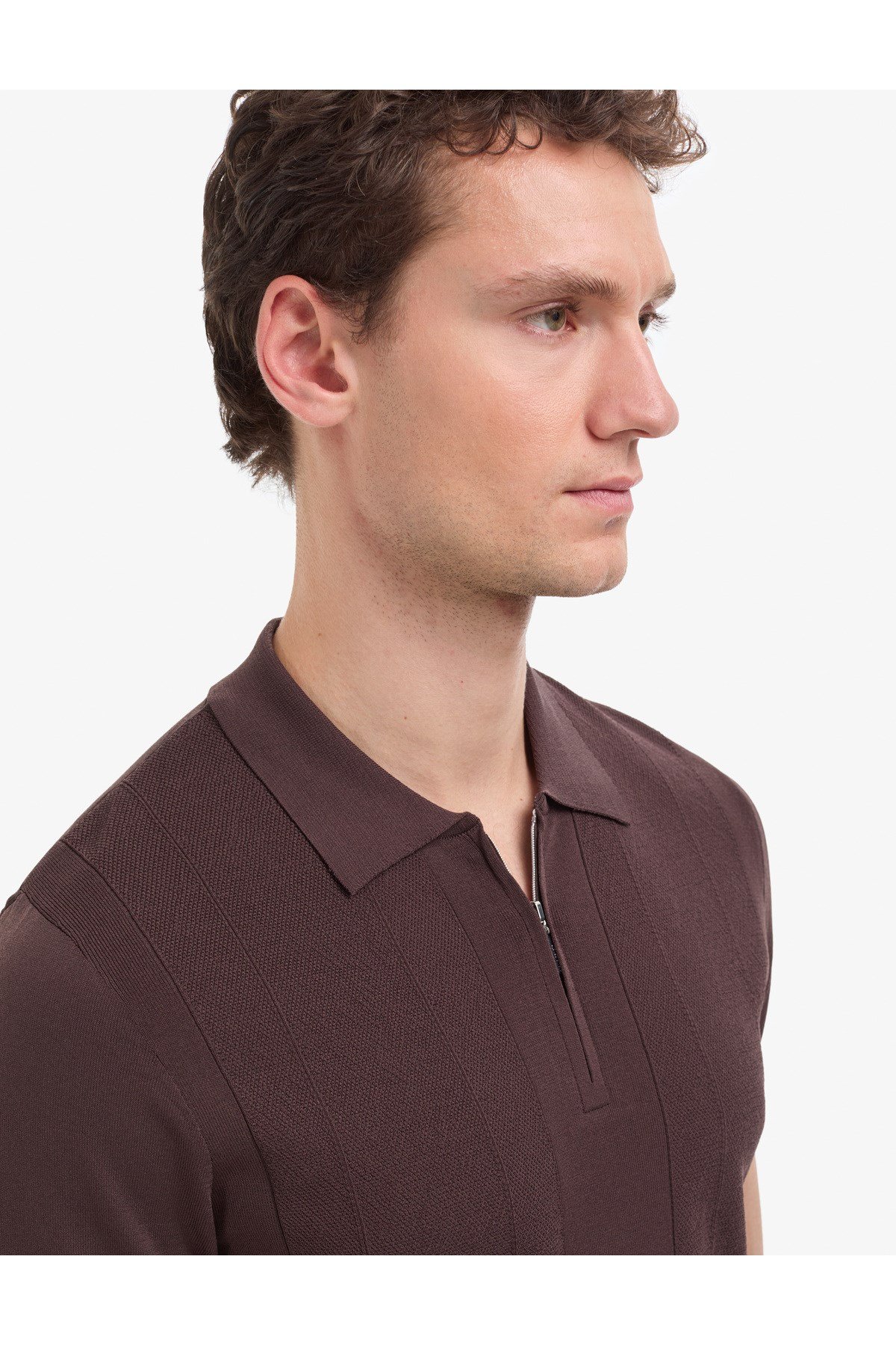Koyu Kahverengi Slim Fit Polo Yaka Fermuarlı Triko Tişört 50320793-VR084