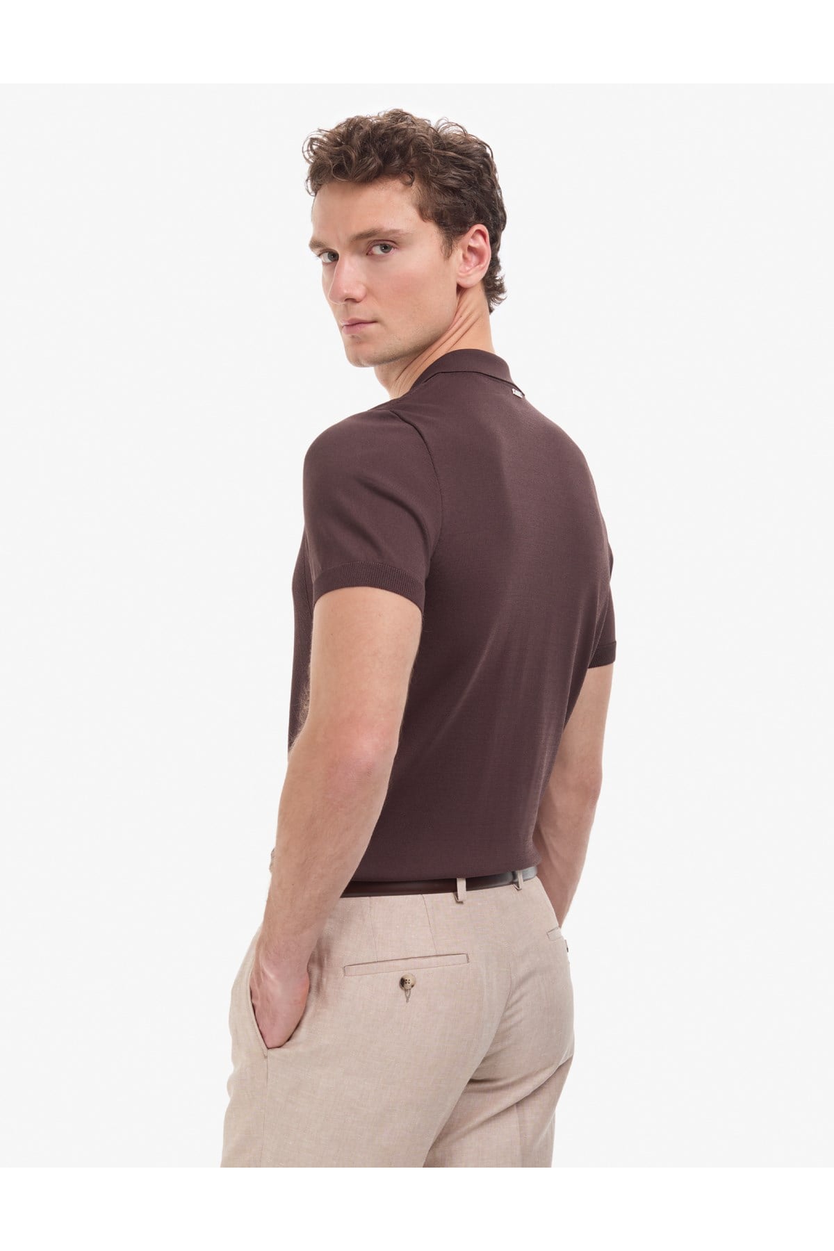 Koyu Kahverengi Slim Fit Polo Yaka Fermuarlı Triko Tişört 50320793-VR084
