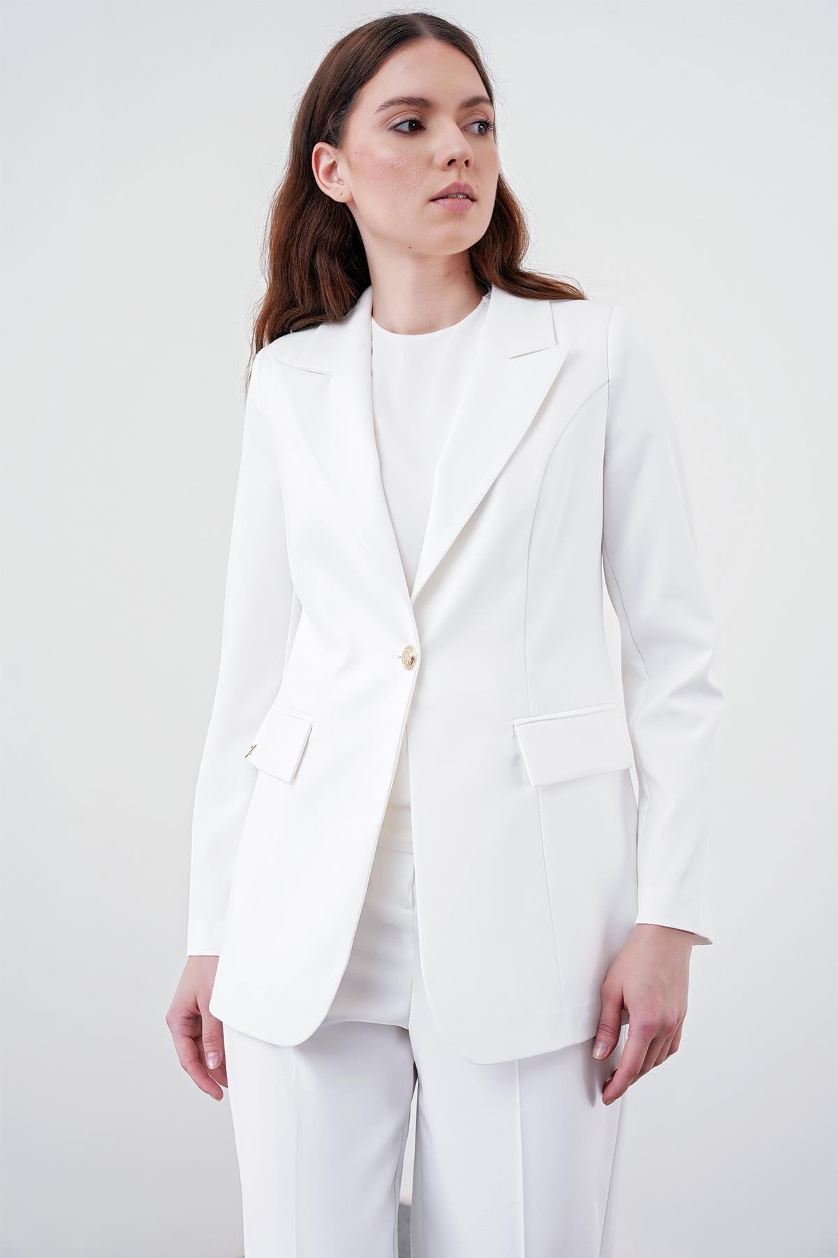 Kruvaze Yaka Tek Düğmeli Blazer Ekru Ceket 0070