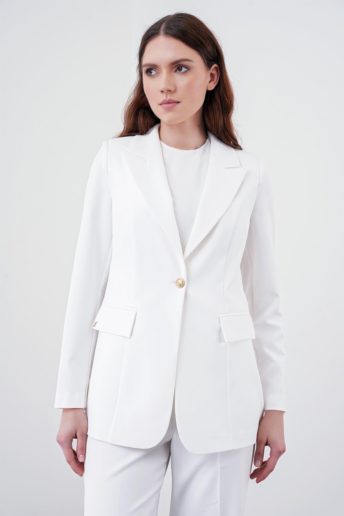 Kruvaze Yaka Tek Düğmeli Blazer Ekru Ceket 0070