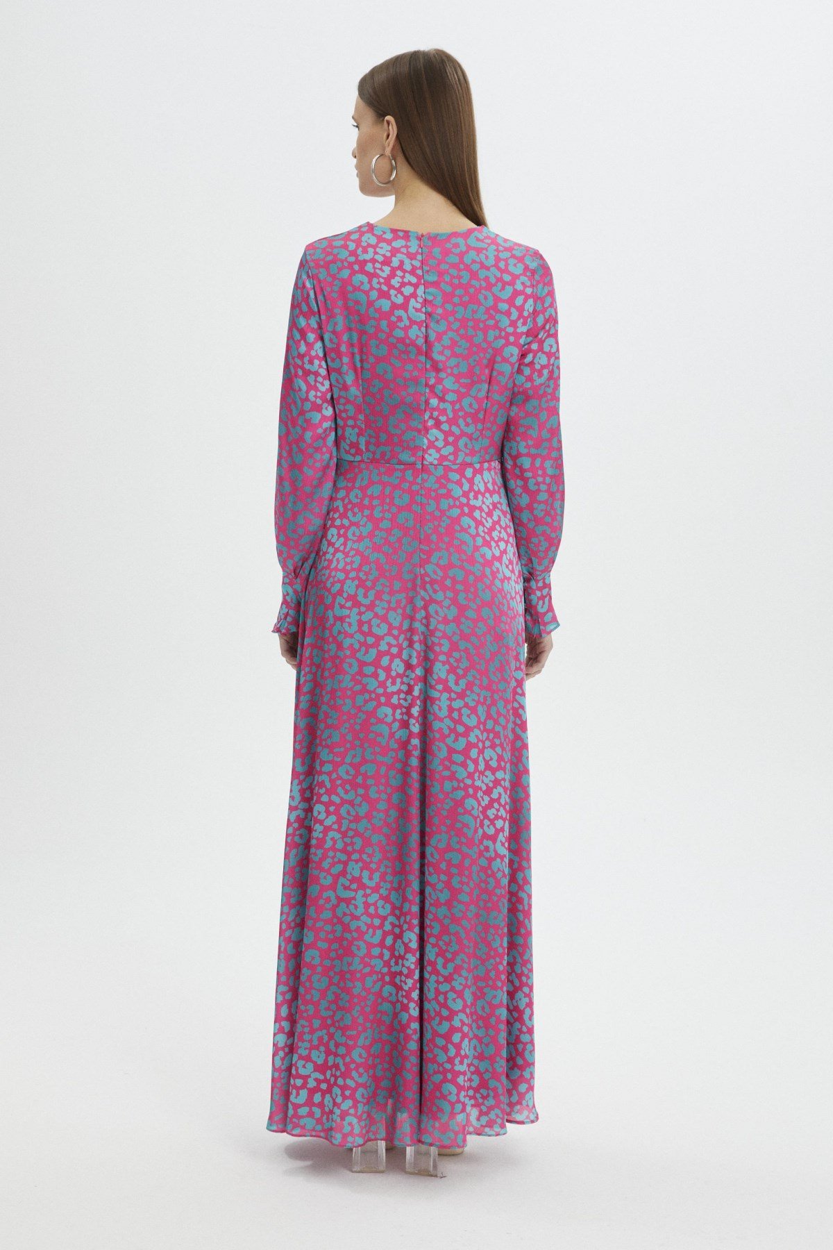 Leopar Desenli Uzun Fuşya Elbise 0339