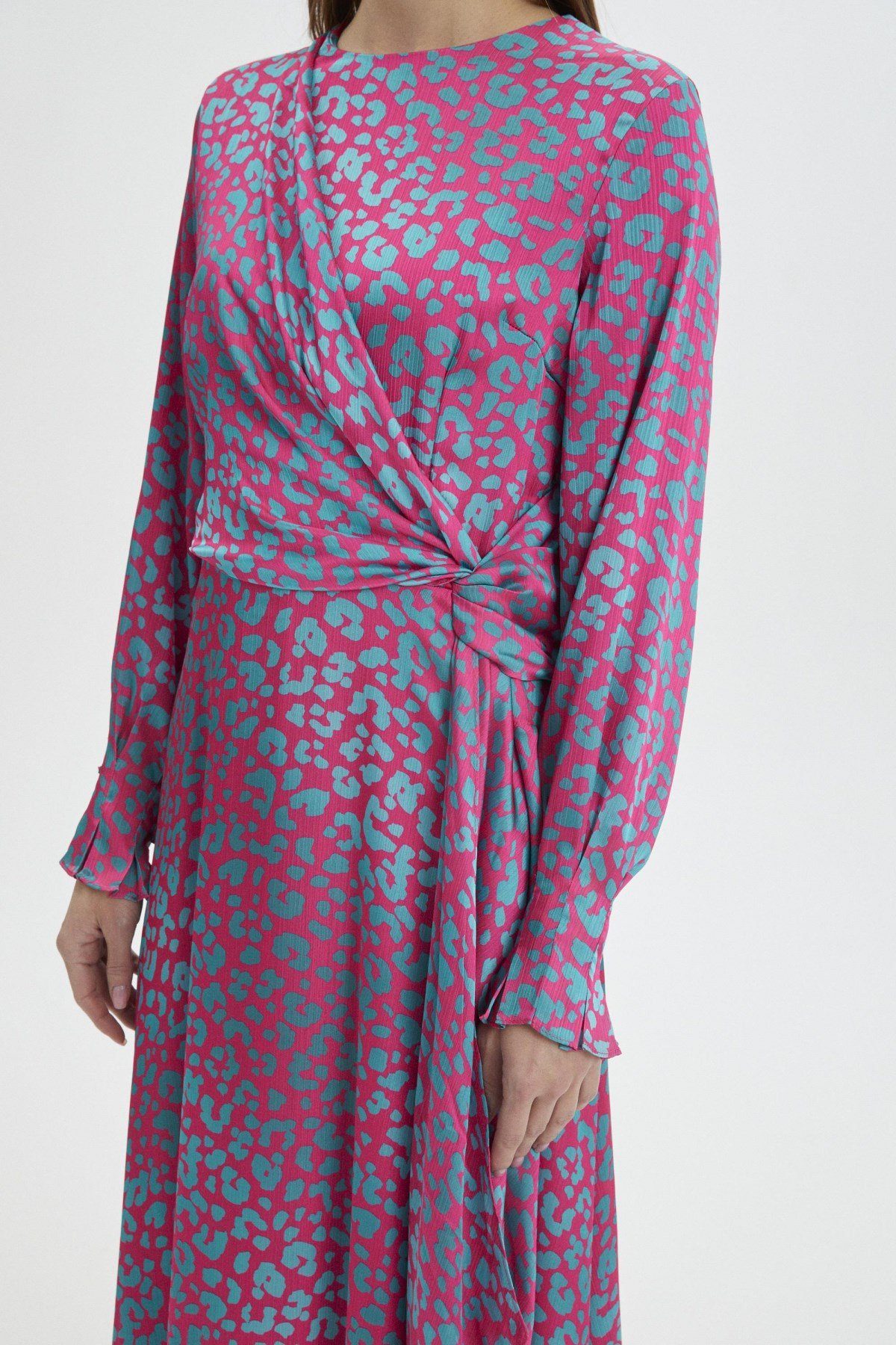 Leopar Desenli Uzun Fuşya Elbise 0339