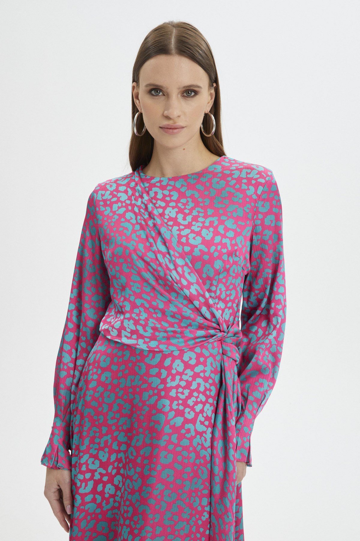 Leopar Desenli Uzun Fuşya Elbise 0339