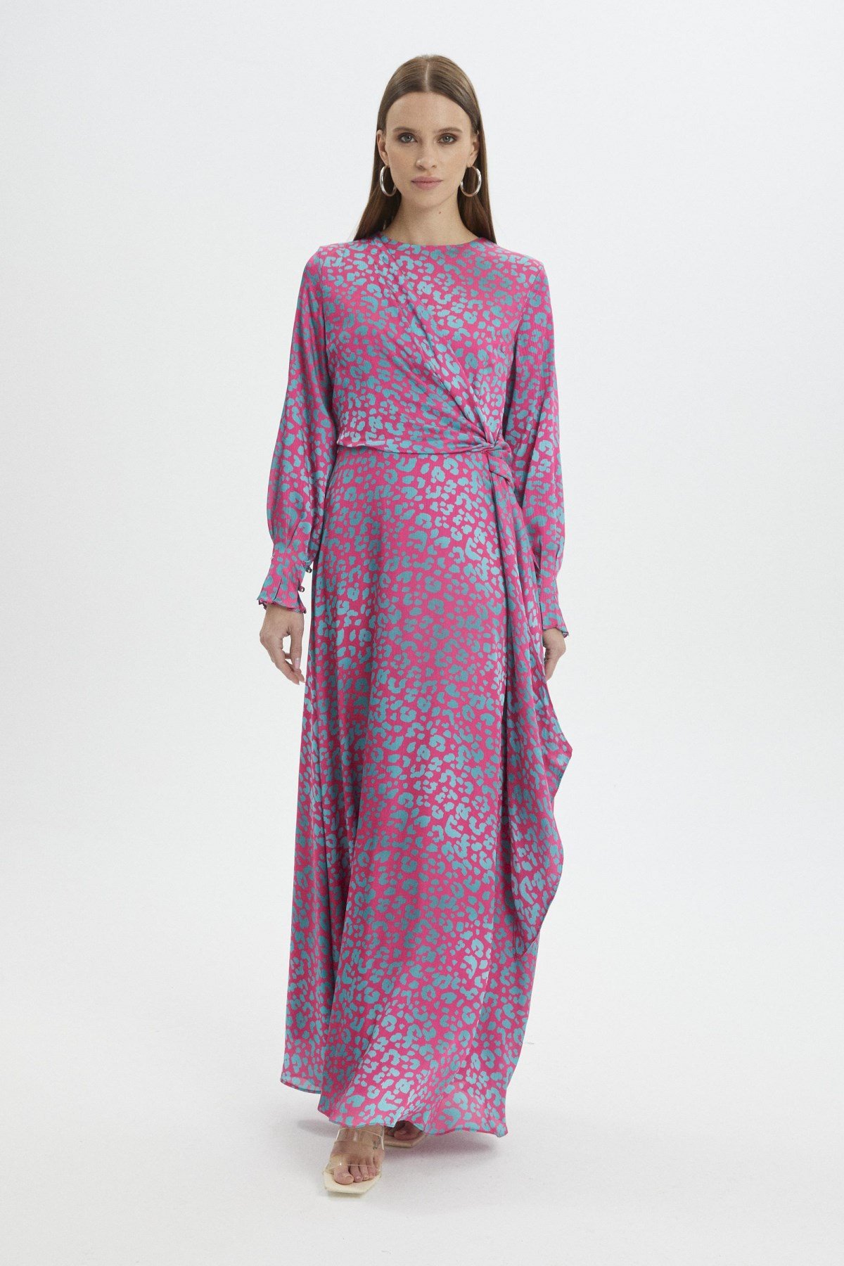 Leopar Desenli Uzun Fuşya Elbise 0339