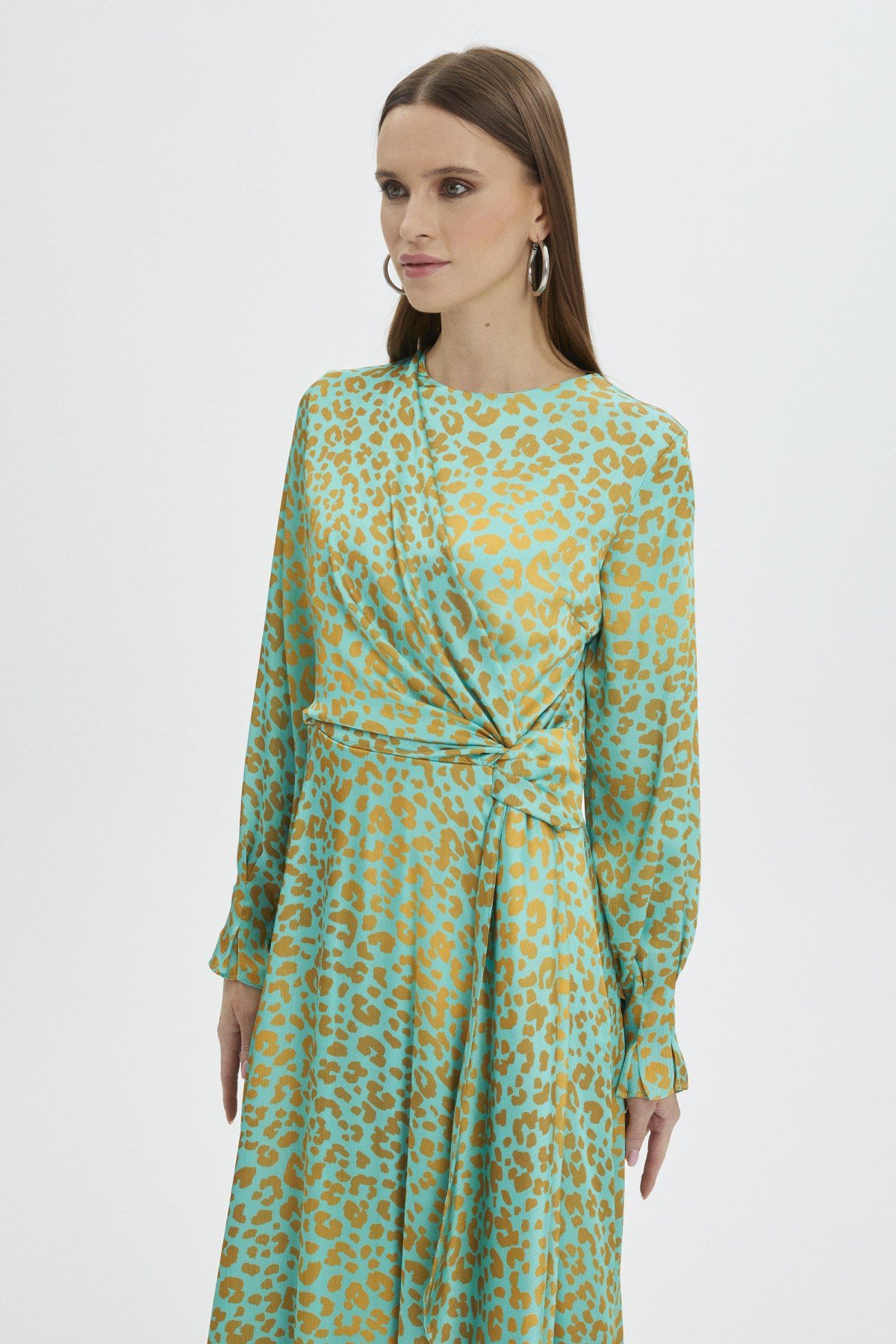 Leopar Desenli Uzun Yeşil Elbise 0339