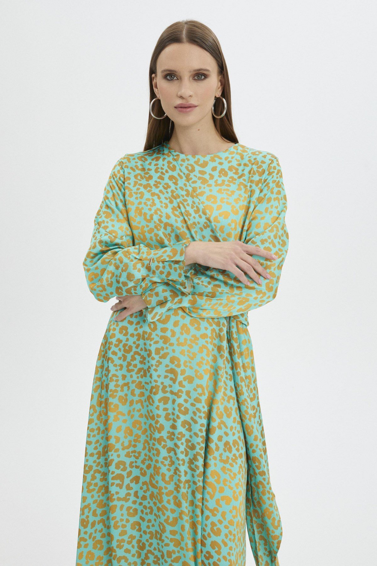 Leopar Desenli Uzun Yeşil Elbise 0339