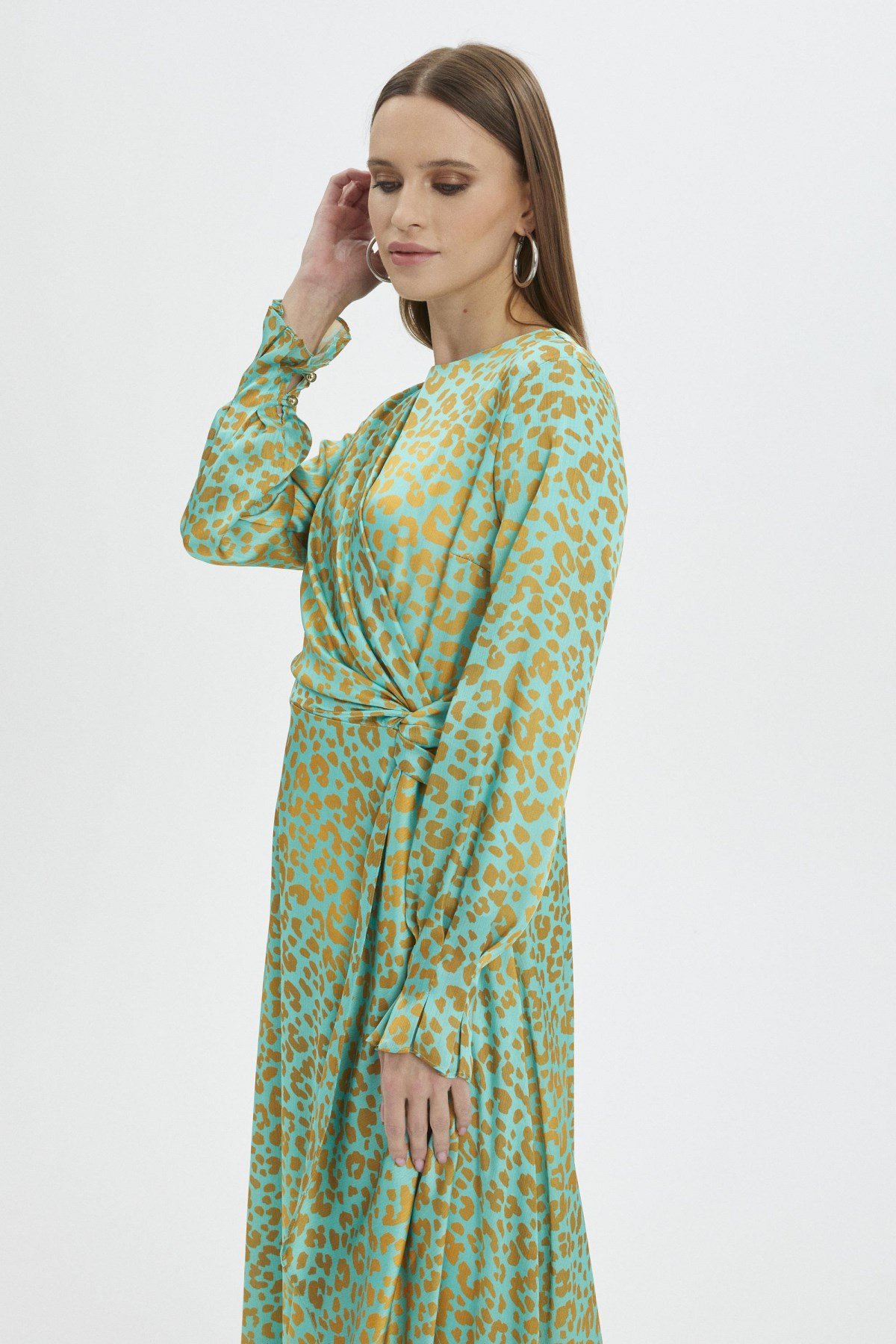 Leopar Desenli Uzun Yeşil Elbise 0339