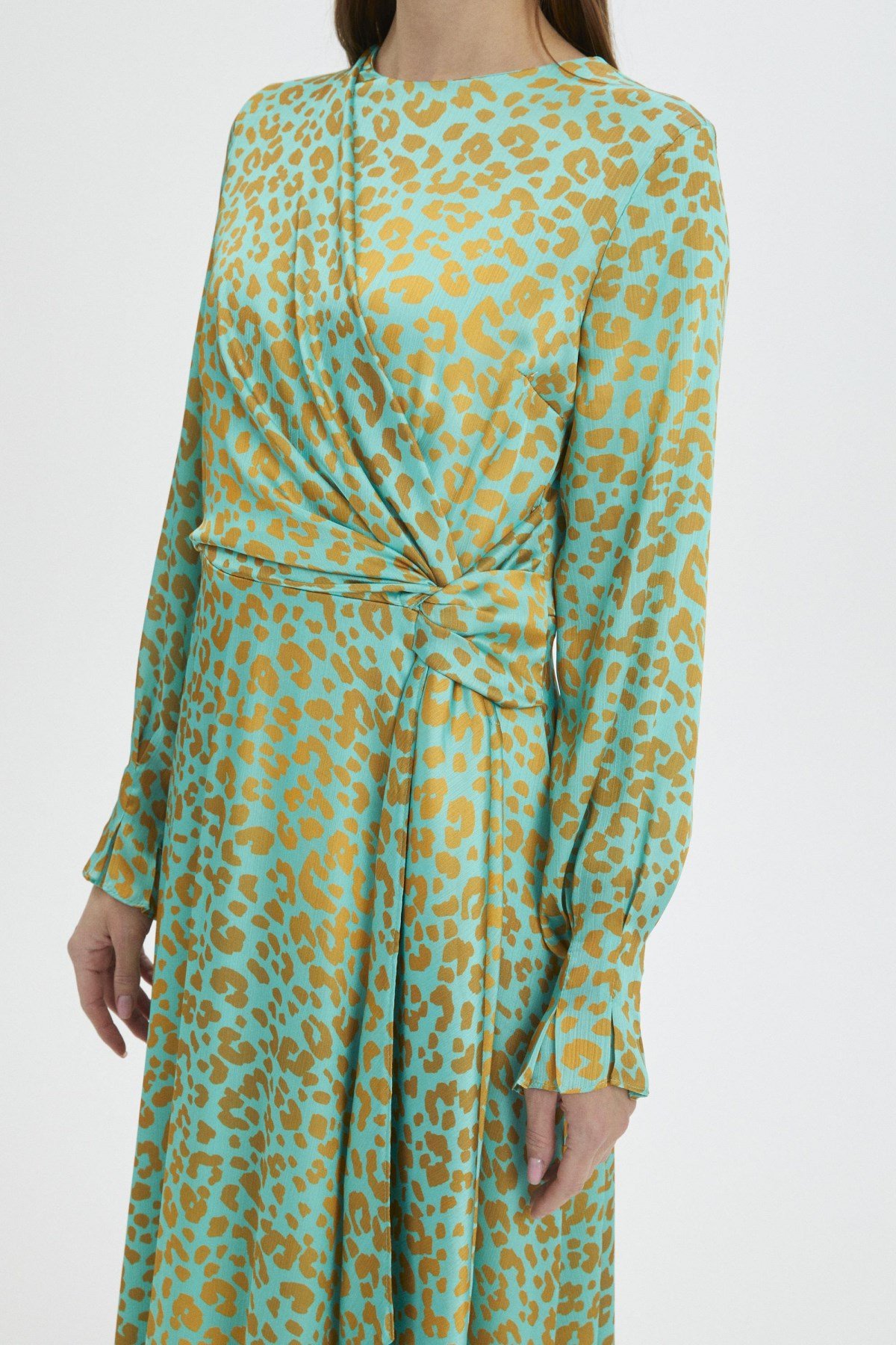 Leopar Desenli Uzun Yeşil Elbise 0339