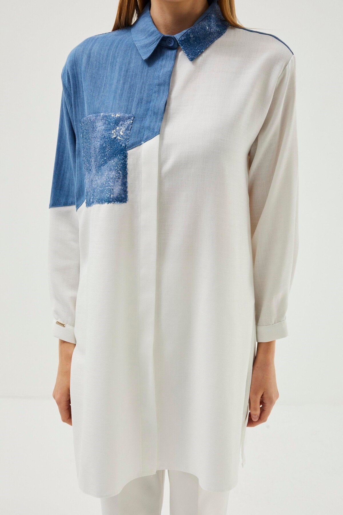 Payet Detaylı Ekru/Mavi Tunik